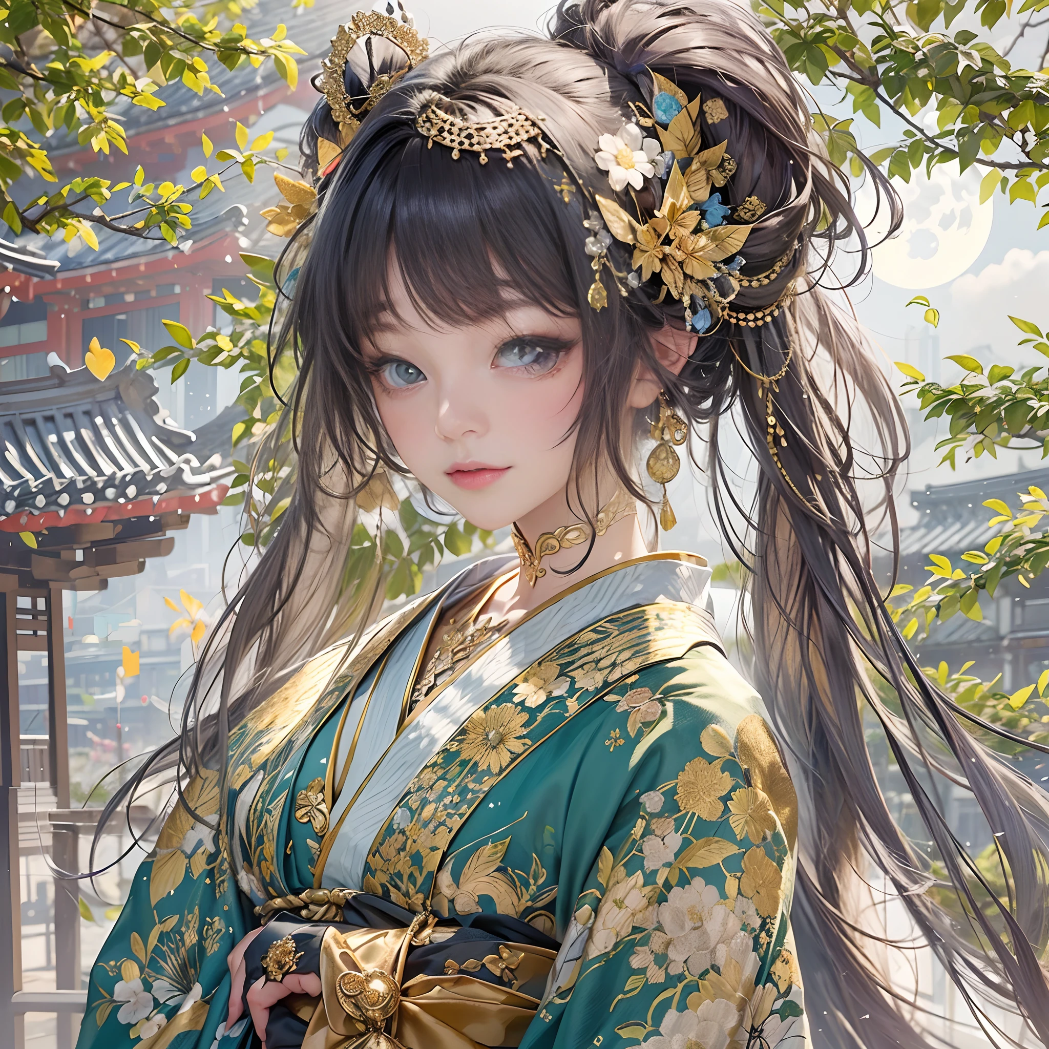 Try to give your audience a bouquet、
watching at viewers、for the background(ancient city:1.2)And the moon、((dense background))、poneyTail、Woman with shiny black hair、perfect hand、BREAK {{{Luxury kimono(Colorful kimono(Detailed golden embroidery,))}}}、face perfect,Depict a beautiful and graceful woman of Japan。poneyTail、Heart in the eye。full body Esbian。 Wallpaper 8K, .Blur the background with a sickle,((masutepiece)), ((Best Quality))