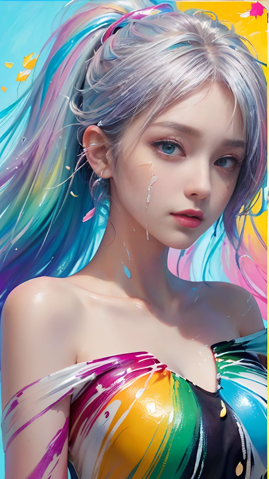 （Pink Fashion T-shirt：1.9），(Colorful hair: 1.8), (all the colours of the rainbow: 1.8),(((((vertical painting：1.6))), （painting：1.6），front, comics, illustrations, paintings, large eyes, crystal clear eyes,（ rainbow color gradient high ponytail：1.7）, exquisite makeup, closed mouth,(Small Fresh: 1.5),(Wipe Chest: 1.6) ，long eyelashes, white off shoulder T-shirt,  White Shoulder Shirt，looking at the audience, large watery eyes, (rainbow colored hair：1.6), color splash, （solo：1.8）, color splash, color explosion, thick paint style, messy lines, ((shining))，(colorful), (colorful), (colorful), colorful, Thick Paint Style, (Splash) (Color Splash), Vertical Painting, Upper Body, Paint Splash, Acrylic Pigment, Gradient, Paint, Highest Image Quality, Highest Quality, Masterpiece, Solo, Depth of Field, Face Paint,  colorful clothes, (Elegant: 1.2), gorgeous,long hair, wind, (Elegant: 1.3), (Petals: 1.4)，(((masterpiece))),(((best quality))),((ultra-detailed)),(illustration),(dynamic angle),((floating)),(paint),((disheveled hair)),(solo),(1girl) , (((detailed anima face))),((beautiful detailed face)),collar,bare shoulders,white hair, ((colorful hair)),((streaked hair)),beautiful detailed eyes,(Gradient color eyes),(((colorful eyes))),(((colorful background))),(((high saturation))),(((surrounded by colorful splashes))),
