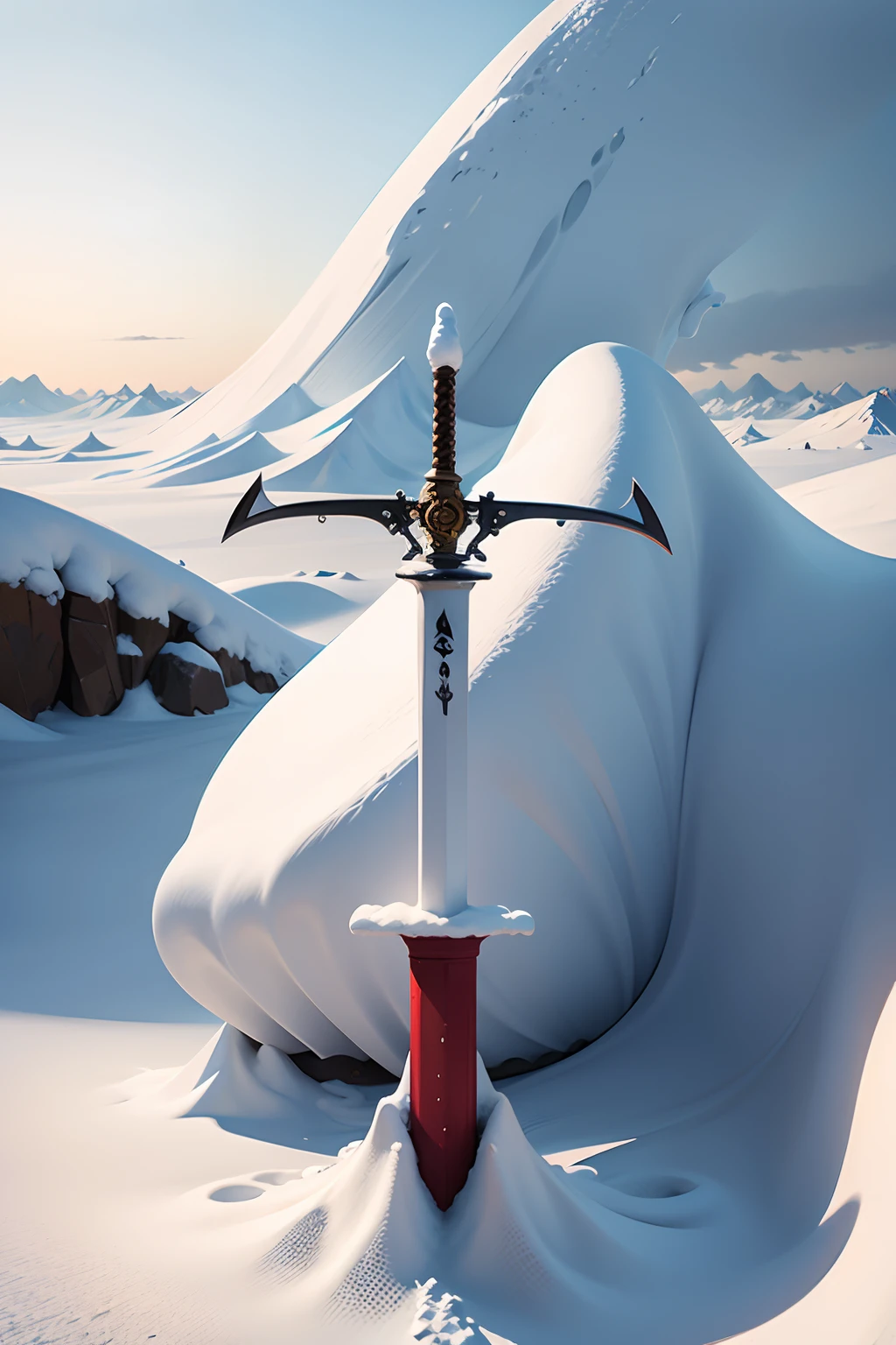 A snow drift with two swords.