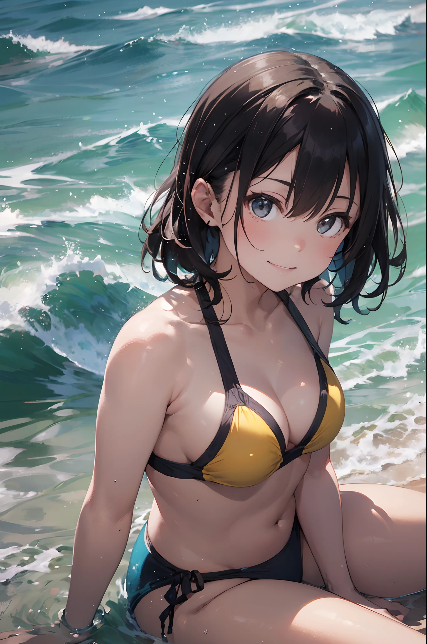High resolution,
One beautiful young woman,
(soft saturation: 1.3), (fair skin: 1.2),
(ultra-detailed background, detailed background), bokeh,
Portrait of smiling girl breaking. When viewed from the front, the composition is symmetrical.
Look straight at you with serious eyes and break
yellow swimsuit, yellow bikini, middle breast,
outdoor, sea surface, sky, sunshine, summer beach, sand,
strong light, front light,
(ager: 1.3), (Cowboy Shot: 1.2), Break
angle from the front,
Look at the viewer,
Dynamic Pose,
Sitting on the beach
Wakame, wakame, wakame, wakame, wakame, wakame, wakame,