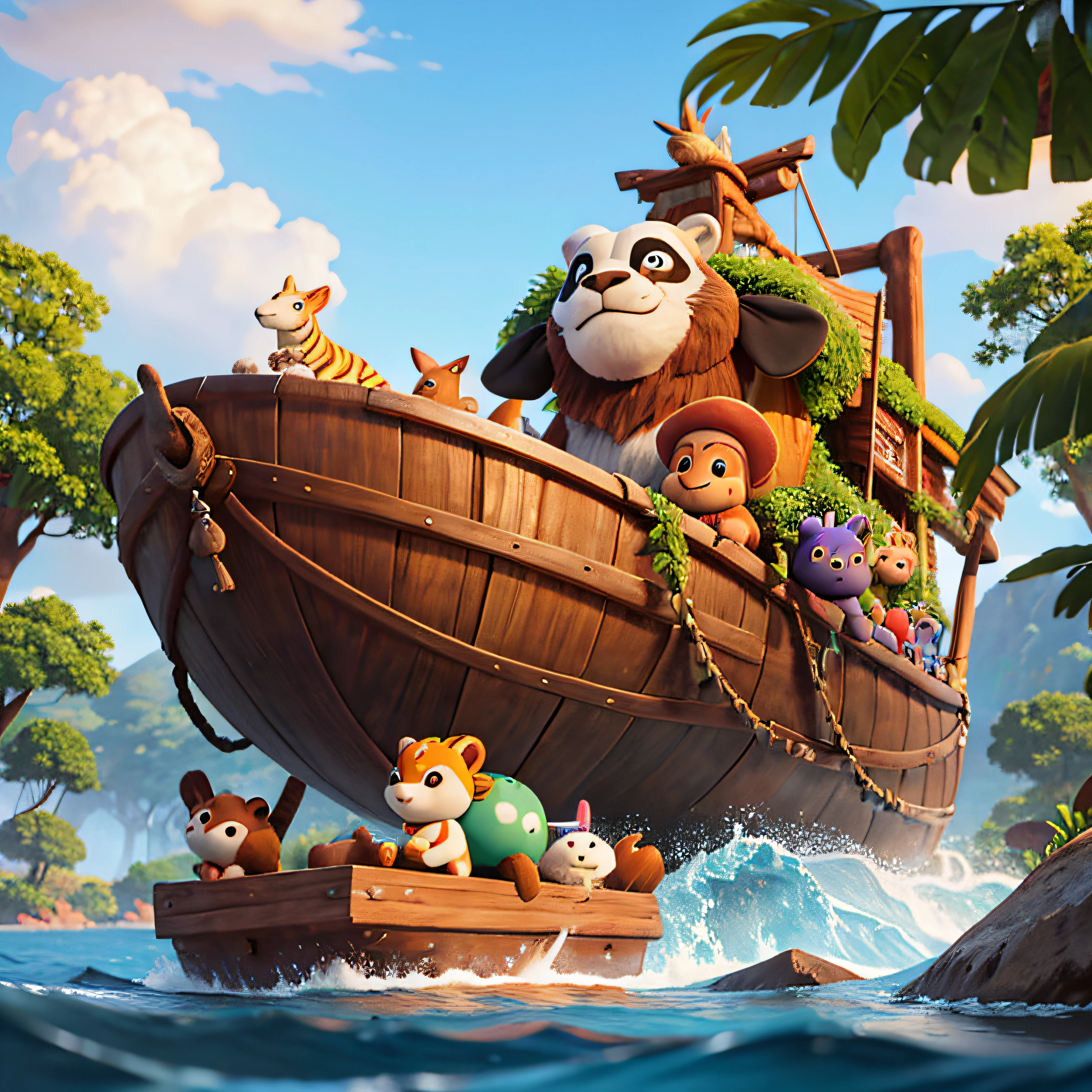 The image shows a Noah's ark in a calm, Mar Azul. The sky is clear blue and the sun is shining. a rainbow is in the sky, symbolizing God's promise never again to destroy the earth with a flood. The ark is a large wooden ship with a cabin in the center. The cabin is full of animals, incluindo girafas, macacos, Coelhos, Tigres, Hippos, lions, ursos pandas, Elefantes vermelhos, zebras e rinocerontes verdes. A white-headed old man, representing Noah, It is standing on the bow of the Ark. He's smiling and looking at the rainbow. detalhes: The giraffes are standing on each side of the ark, olhando para fora. They are colorful, com manchas marrons e pretas. The monkey is sitting on the roof of the ark, watching the fish jumping out of the water. He's small and hairy, com uma cauda comprida. The rabbit is sitting on the floor of the ark, playing with a ball of wool. He's white and cute, com orelhas compridas. The tiger is lying on the floor of the ark, tomando um cochilo. He's big and hairy, com listras pretas e amarelas. The hippopotamus is swimming in the water next to the ark. He's big and fat, com pele marrom. The lion is sitting on the bow of the ark, olhando para o mar. He's big and strong, com uma juba espessa. The panda bear is sitting on the floor of the ark, comendo bambu. He's black and white, com olhos grandes e redondos. The purple elephant is lying on the floor of the ark, dormindo. He's big and heavy, com pele roxa. The zebra is grazing on the deck of the ark. She's black and white, com listras finas. The green rhinoceros is swimming in the water next to the ark. He's big and tough, com pele verde. The fish are colorful and varied, including clownfish, peixes-azuis, peixes-dourados e peixes-voadores. Dolphins are big and playful, com bicos brancos e caudas em forma de crescente.