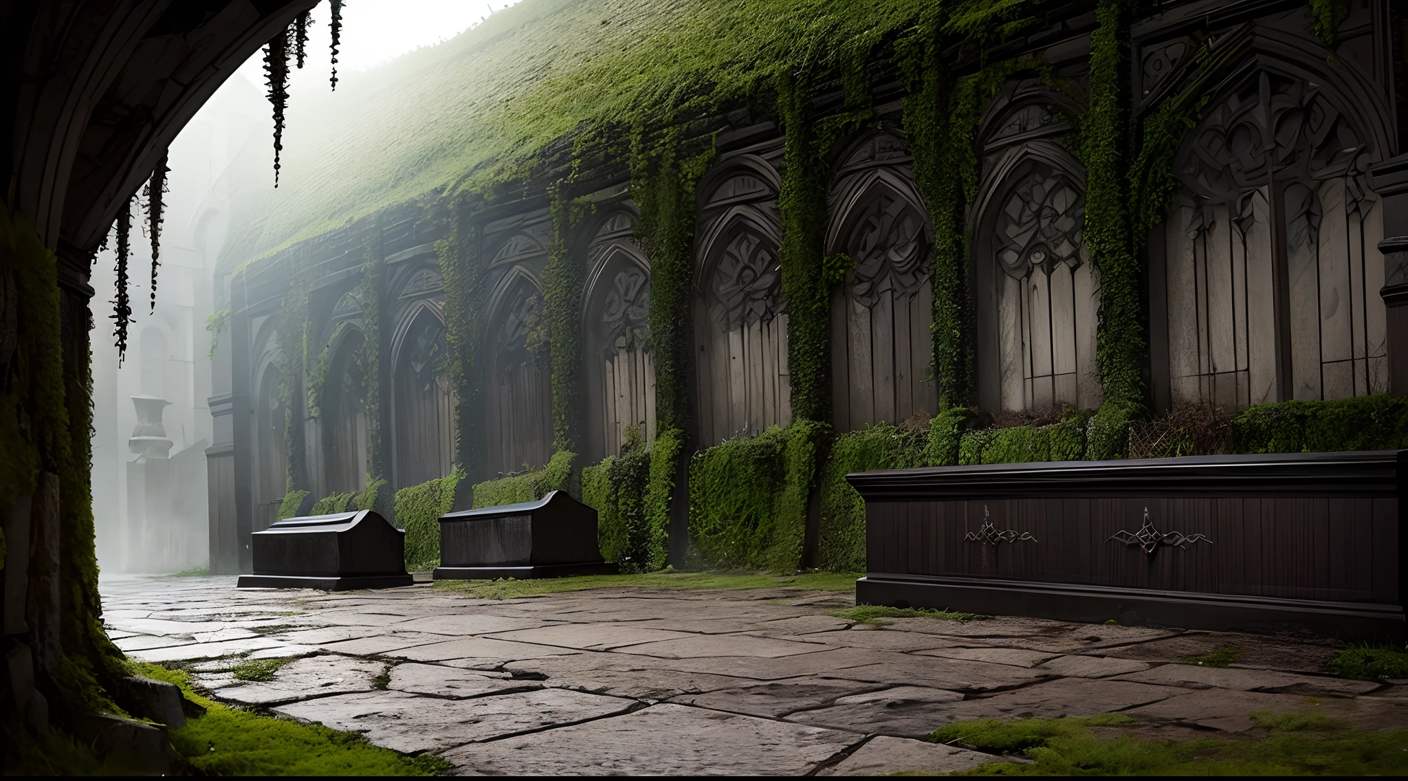 Dark gloomy crypt, ebony coffins, moss and resin on ancient stone walls, web, Gothic horror and gloom