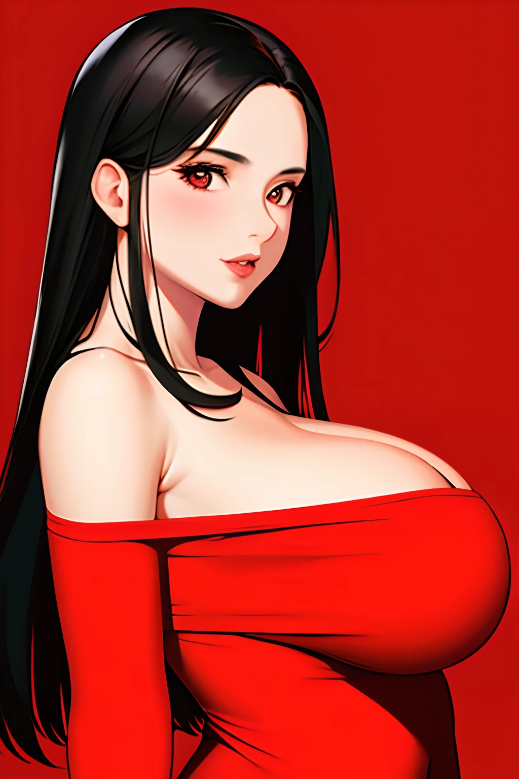 1girl, solo,red theme,looking at viewer,large breasts,portrait,from side,bad-girl,((mature female))