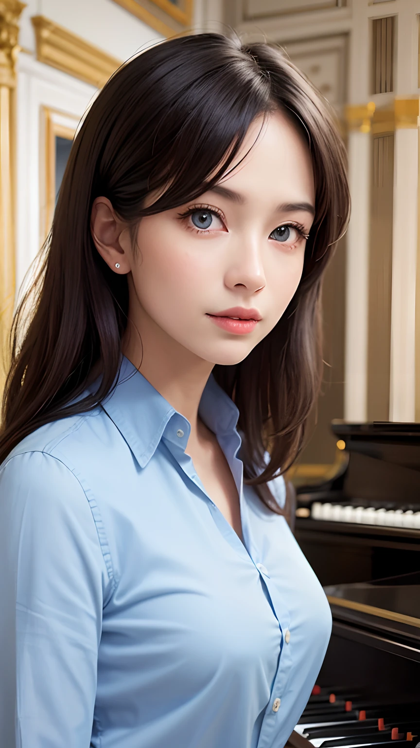 a Realistic portrait photo of a dik-jill woman, mixed race, light blue eyes, eye shadow makeup, wearing shirt, classical piano concert hall interior background, realistic, soft lighting, professional Photography, Photorealistic, detailed, blurred background, RAW, analog, sharp focus, 8k, HD, DSLR, high quality, Fujifilm XT3, film grain, award winning, masterpiece,