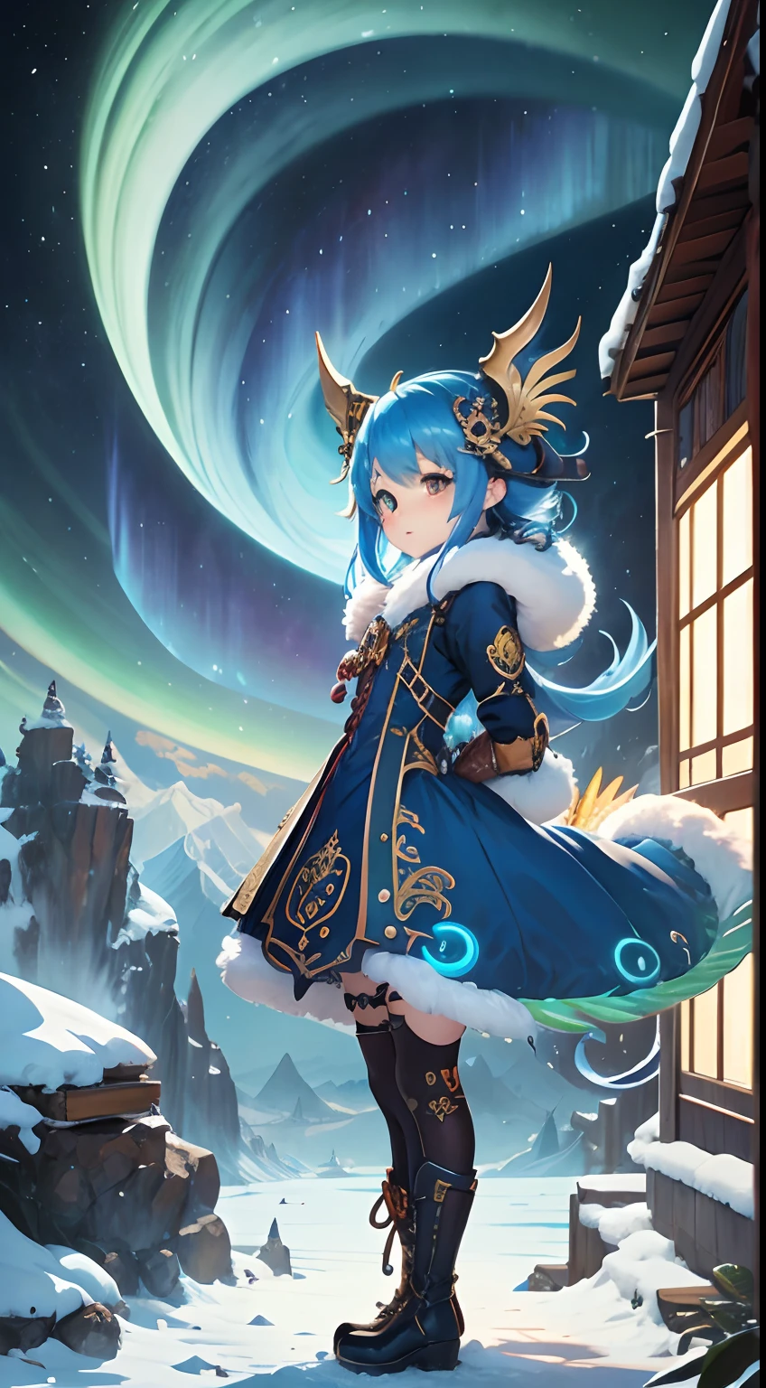 Dragon, penas, anime, cabelo azul, Quetzalcoatl, aurora boreal, noite, lua laranja, Steampunk, neve, roupa de inverno