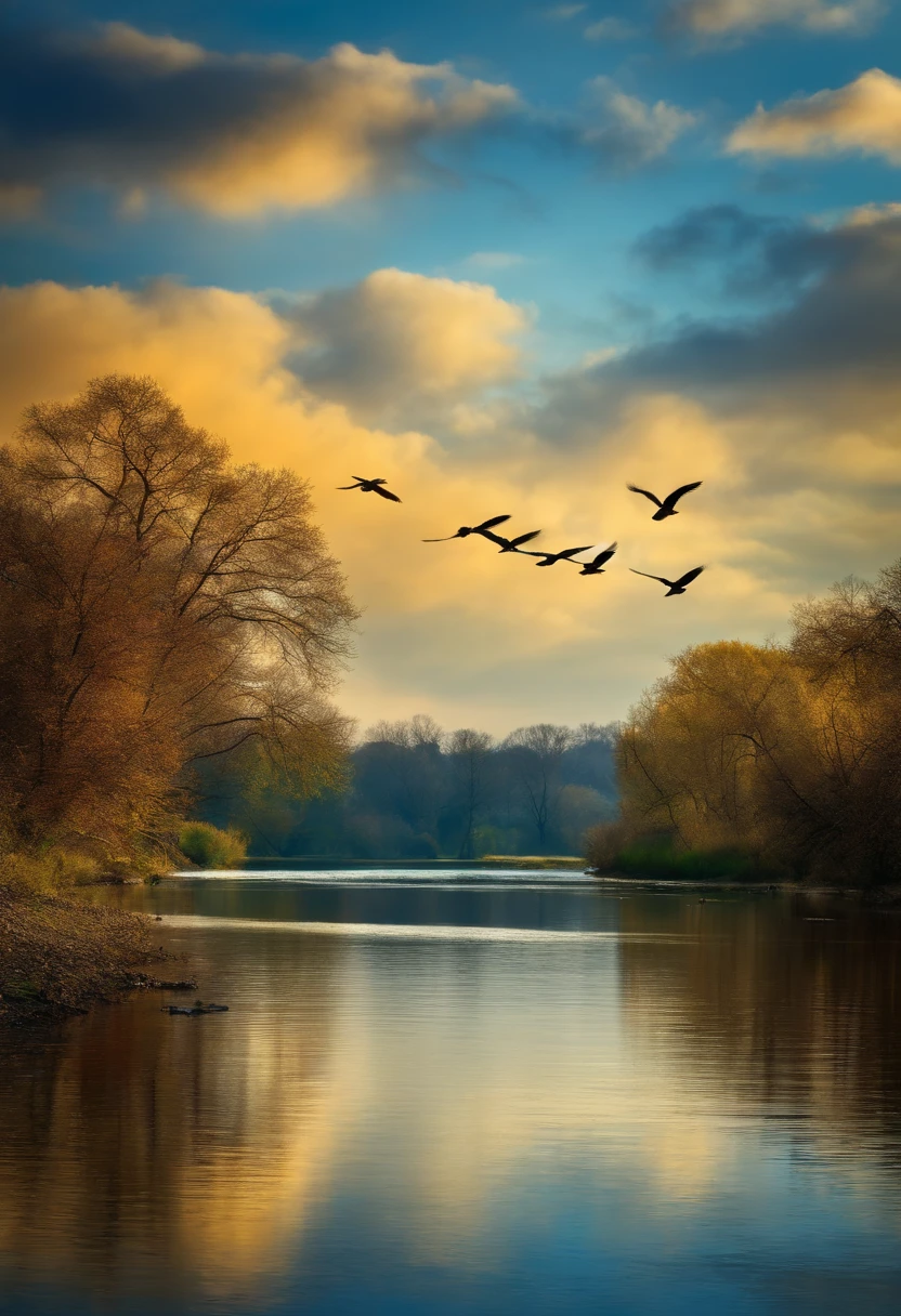 nature, blue sky, wind, birds flying, river reflecting the scenary, image in 2560 x 1440 pixel format