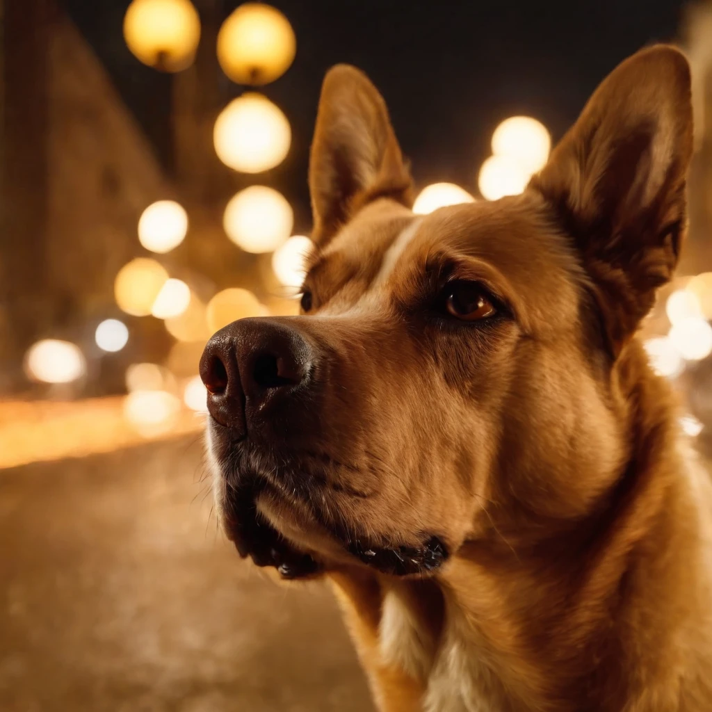 dog, (((((sniffing))))), city night, street background with so many blurred lamps, close up, photo-realistic