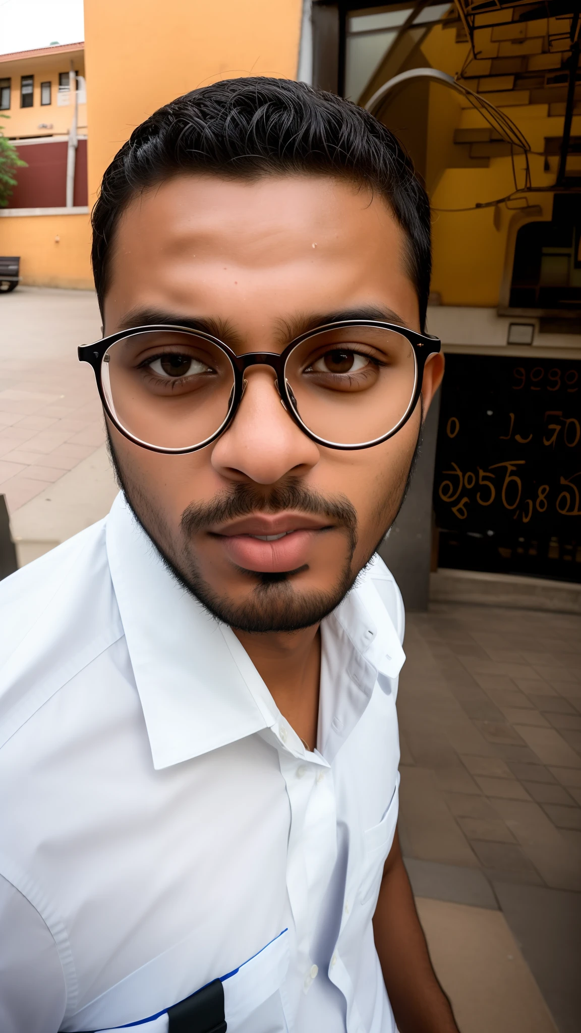 there is a man with glasses standing in front of a building, jayison devadas style, jayison devadas, with accurate face, 8k selfie photograph, very artistic pose, very very low quality picture, with a cool pose, harsh good looking face, accurate depiction, with serious face expression, intimidating expression, looking to camera, taken with sony alpha 9