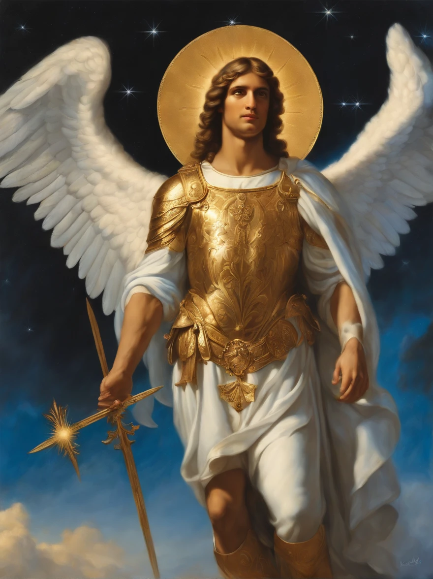 um personagem masculino, o anjo Aroch, imagem do corpo inteiro do anjo, Imagem celeste, 5-fingered hands, detalhes intrincados, Realistic, Sky blue tunic, Asas grandes brancas, Angelic background, Catholic illustrative image of the Angel Aroch, Male character of the Bible, Angel Aroch is wearing his angelic armor, cosmic background, Illumination in the Archangel and in the background, Maximum detail and his angelic face and wings, Pele perfeita realista, Maximum image quality, Angel Aroch he is highlighted in the image with strong and flashy colors.