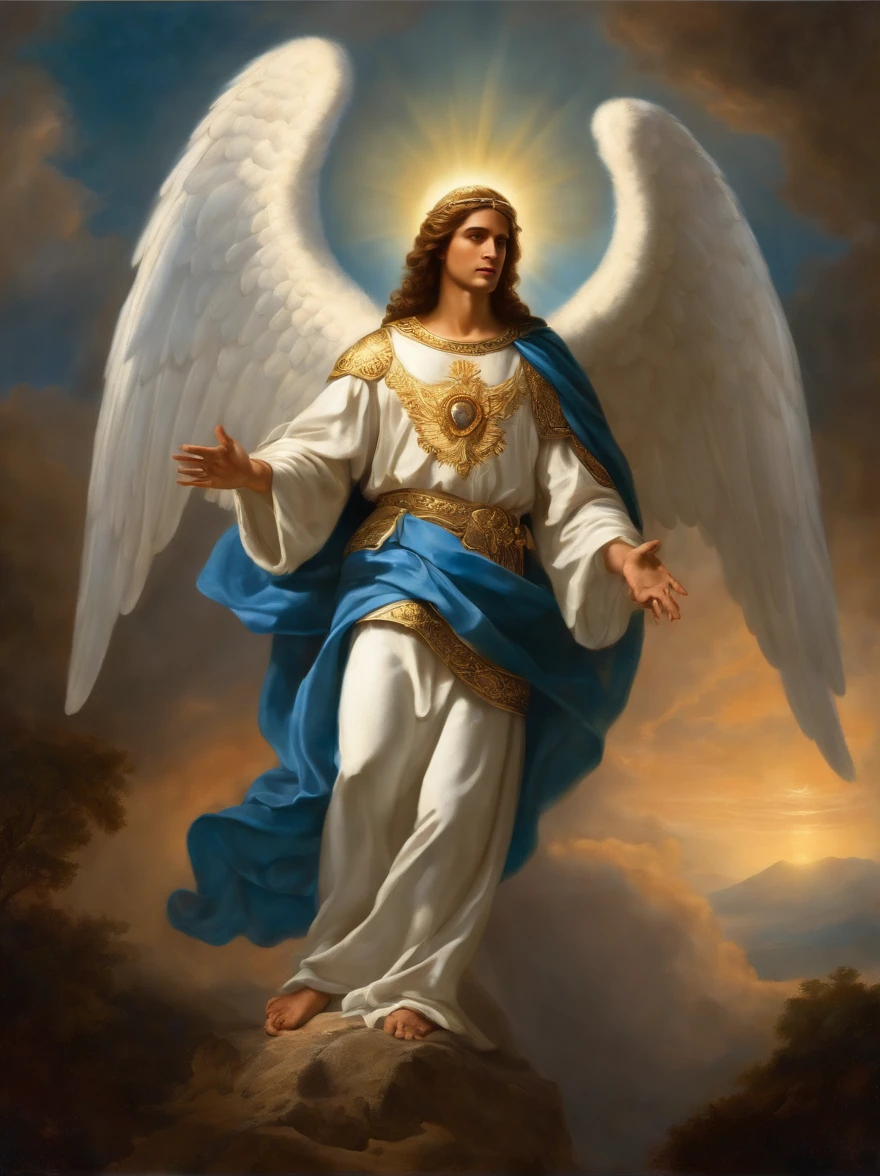 um personagem masculino, o anjo Aroch, imagem do corpo inteiro do anjo, Imagem celeste, 5-fingered hands, detalhes intrincados, Realistic, Sky blue tunic, Asas grandes brancas, Angelic background, Catholic illustrative image of the Angel Aroch, Male character of the Bible, Angel Aroch is wearing his angelic armor, cosmic background, Illumination in the Archangel and in the background, Maximum detail and his angelic face and wings, Pele perfeita realista, Maximum image quality, Angel Aroch he is highlighted in the image with strong and flashy colors.