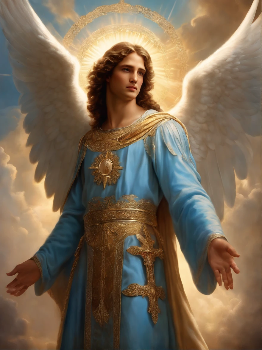 um personagem masculino, o anjo Aroch, imagem do corpo inteiro do anjo, Imagem celeste, 5-fingered hands, detalhes intrincados, Realistic, Sky blue tunic, Asas grandes brancas, Angelic background, Catholic illustrative image of the Angel Aroch, Male character of the Bible, Angel Aroch is wearing his angelic armor, cosmic background, Illumination in the Archangel and in the background, Maximum detail and his angelic face and wings, Pele perfeita realista, Maximum image quality, Angel Aroch he is highlighted in the image with strong and flashy colors.
