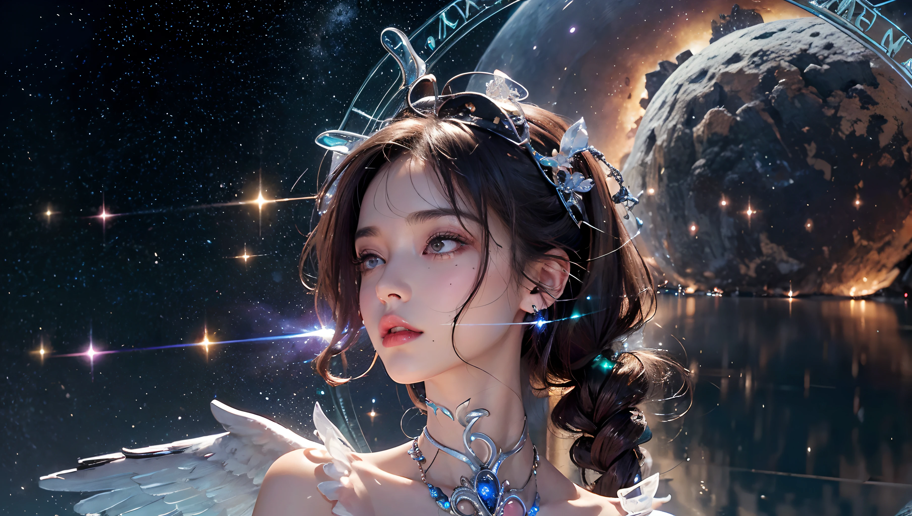 naked photo, 20 yo european female as ((goddess)) looking up at the sky, (dark brown ponytail hair, almond eyes, brown large eyes, small face, cute face, mole under mouth, Indecent crest), masterpiece, best quality, intricate details, full body, portrait, bokeh, (fair skin, pale skin, real skin, high detailed skin texture, abs, saggy boobs, huge breast, slim body, skinny, very thin waist), (exposed naked breast, bio mechanized endoskeleton transparent body with intricate details Rainbow Neon lighting pattern, with angel wings), (((night view, snow, reflection, holding A large magic wand with intricate decorations, large Magic Circle at sky, magic spells))), (in full color space universe background, milky way)