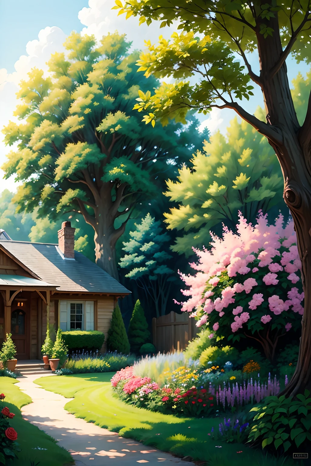 A painting of a summertime landscape, big rose bushe in a garden, green trees, green grass, daytime light.