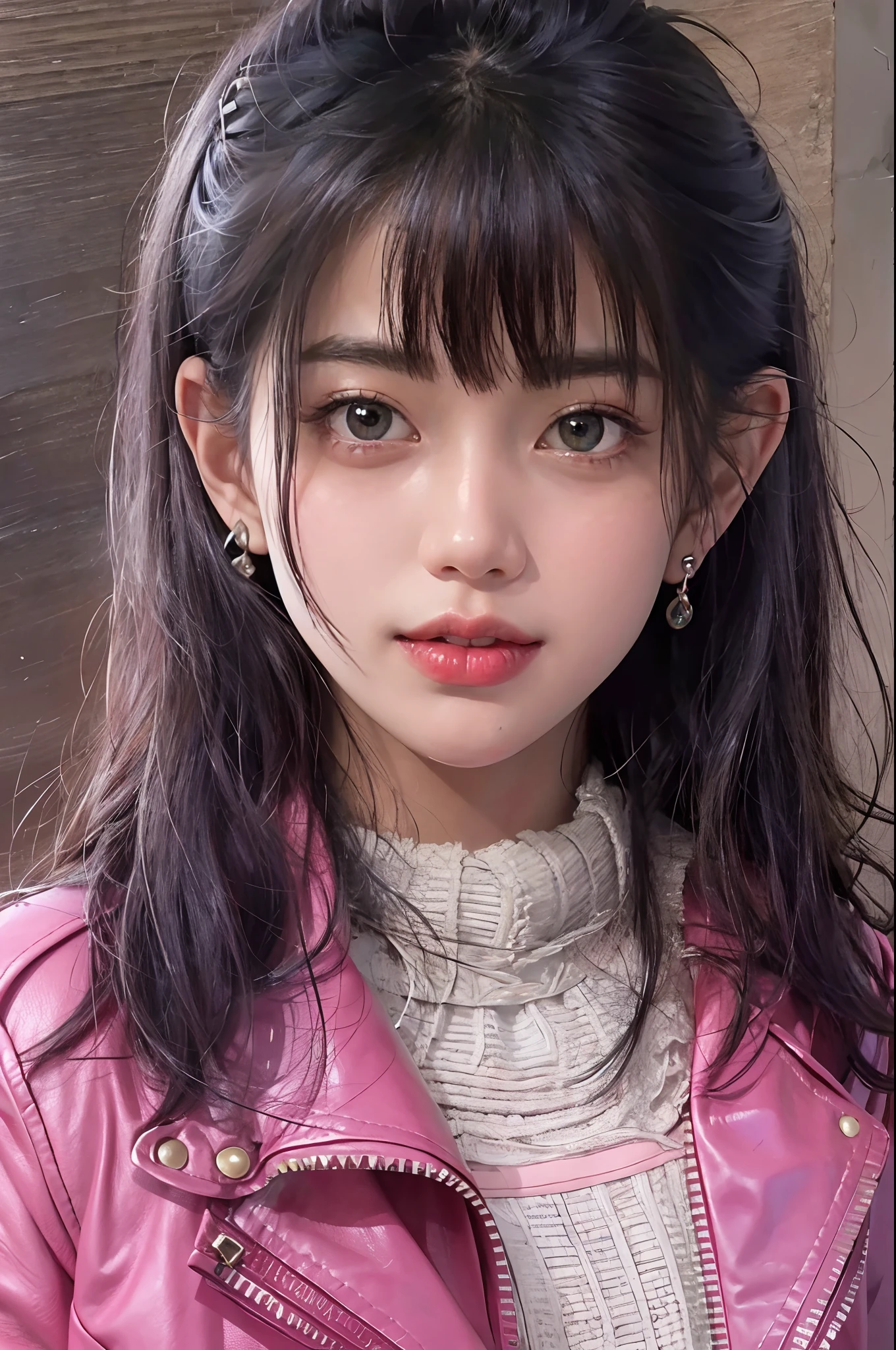 (hyper realistic), (high resolution), (8k), (highly detailed), (best illustration), (beautifully detailed eyes), (top-quality), (masterpiece), (wallpaper), portrait, center shot, (a detailed face), a young girl, looking at viewer, fine detailed, deep shadows, lowkey, pureerosfaceace_v1, smile, medium hair, black hair, bangs, perfect body, (pink leather jacket), background blur