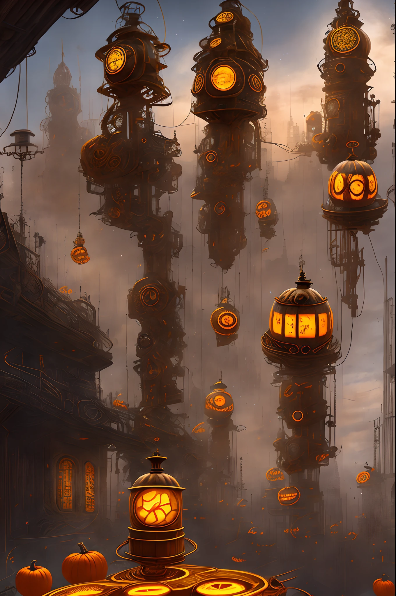 A Clockwork Pumpkin Lantern、Steampunk lab with complex machinery、Skyscraper Steampunk Building at night without people in the background、thirds rule