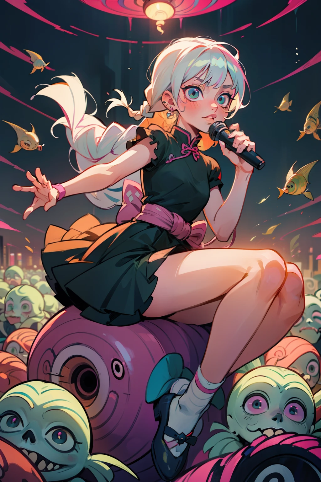 DEMON SLAYER ANIME STYLE. TRADITIONAL CHINESE MANGA, Singing into microphone, sitting on large dice, yellow theme, sisters, couple, shibari over a floral dress, crocs with charms, frilly ankle socks with bows, large bows, color schemes pink, pink glowing elements, light effects, bright lights, aura, light rays, back lighting, warm back light, background is just pillows, dynamic pose, vogue model, prada model, gucci model, long braided hair, flowers, dot tattoos, piercings, fishnets, mini jean skirt, and strap-less top, y2k, white water, underwater with fishes everywhere holding breath eating fish, Ultra maniac anime manga style theme (nana manga) Kamikaze kaitoujin, full body high quality 4k illustration, ceiling view pose girl looking into camera from a white bedsheet and blood splatter, Junji ito style, (uzumaki, lit. "Spiral") is a Japanese horror manga series written and illustrated by Junji Ito, horror illustration, (uzumaki) (tomie) (a girl,beauty,2girls,3girls)cool detailed eyes,beautiful detailed lips,extremely detailed eyes and face,longeyelashes,colorful hair,confident smile,stylish outfit, earringsin a dynamic pose(aesthetic style),vibrant colors,street-art inspired background,urban lighting, pearly white and oranget, horror Comic book. White hair streaks, aqua blue hair, hair with a lot of flow and blonde, city scape, clothes, lingerie laying on the floor, skeletons.