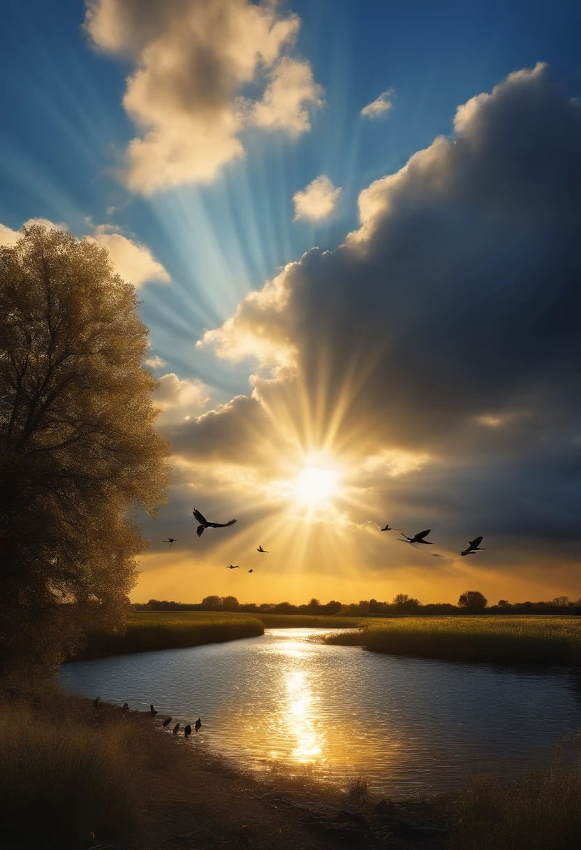 nature, blue sky, wind, birds flying, river reflecting the sun, image in 2560 x 1440 pixel format, deep shadow, movie lightning, high detail