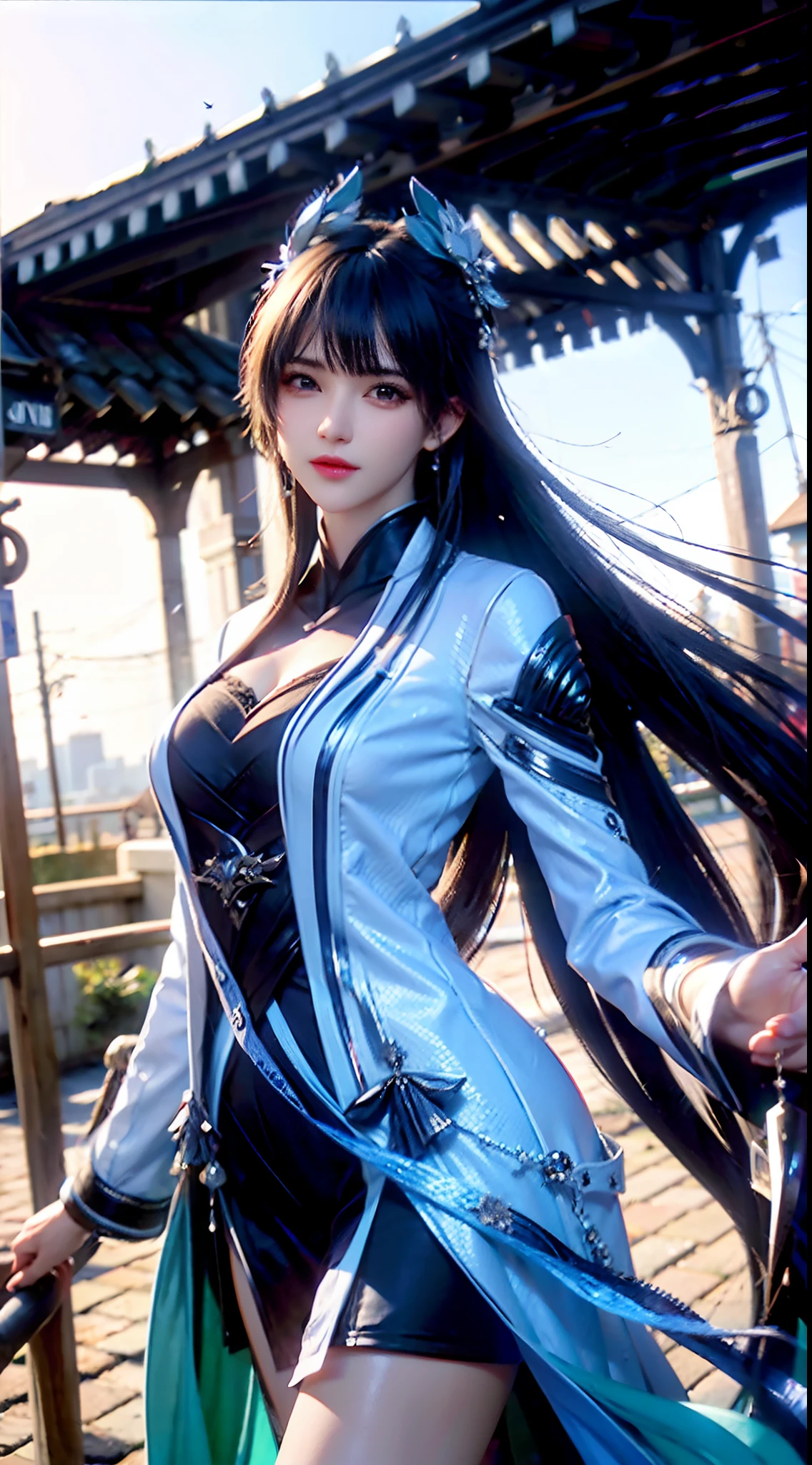 (Best quality,4K,8K,A high resolution,Masterpiece:1.2),Ultra-detailed,(Realistic,Photorealistic,photo-realistic:1.37),Long-range shooting,Blue-haired woman,Hair falls on the left shoulder,Wears a white trench coat lined in red, blackminiskirt,Patterned stockings,High heels,Walking on the street,Portrait,conceptual art,Blurred background,Soft lighting,Vivid tones