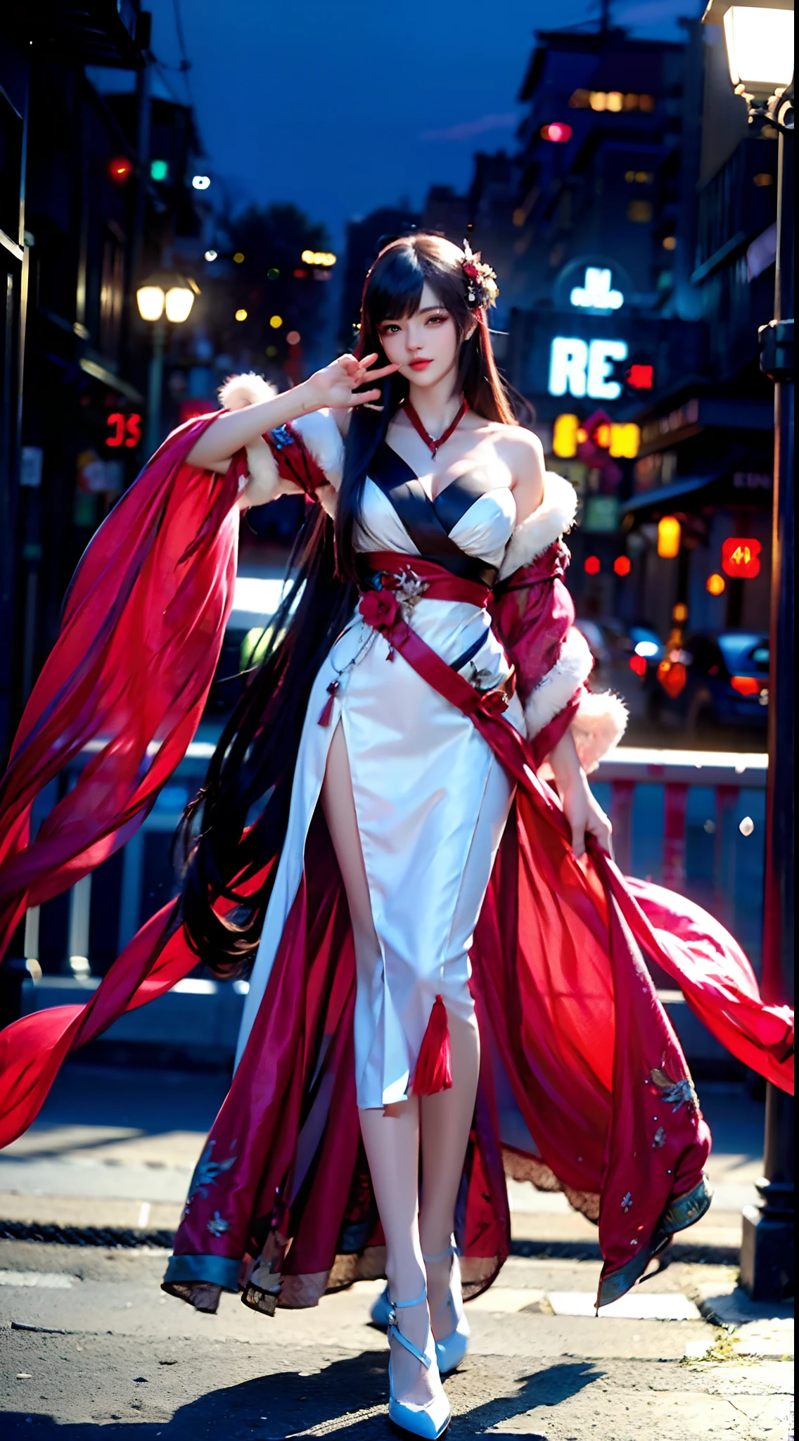 (Best quality,4K,8K,A high resolution,Masterpiece:1.2),Ultra-detailed,(Realistic,Photorealistic,photo-realistic:1.37),Long-range shooting,Blue-haired woman,Hair falls on the left shoulder,Wears a white trench coat lined in red, blackminiskirt,Patterned stockings,High heels,Walking on the street,Portrait,conceptual art,Blurred background,Soft lighting,Vivid tones