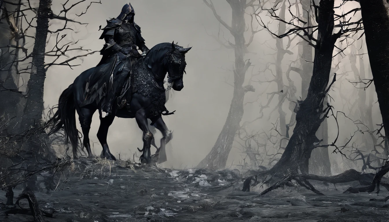Undead Terror Knight,Ride Black(Red-eyed zombie horse:1.5),The background is pitch black wilderness,Several dried corpses hung from a dead tree,themoon,4K,best qualtiy,primitive,((Ultra-detailed and high-precision details))