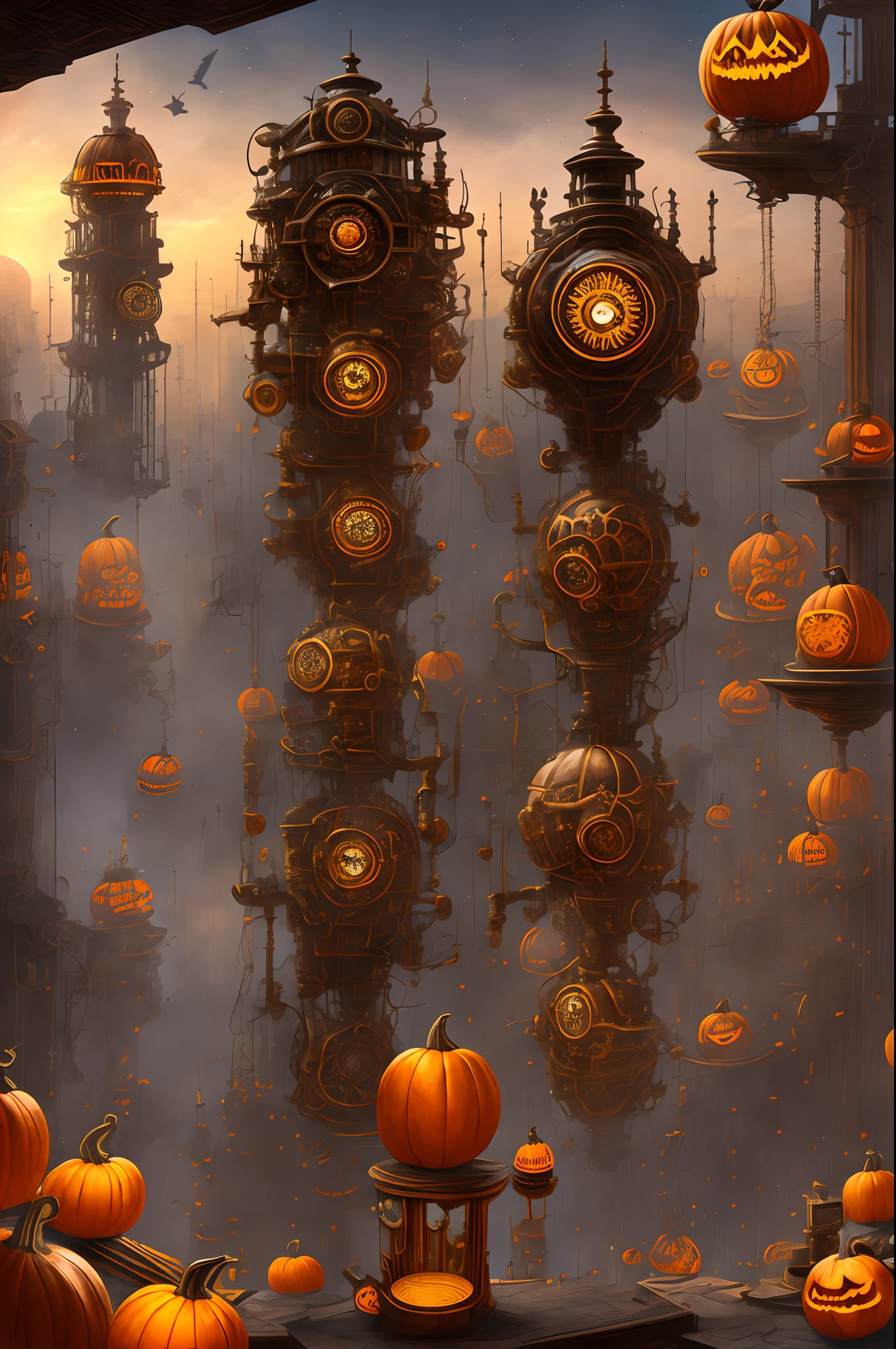 A Clockwork Pumpkin Lantern、Steampunk lab with complex machinery、Skyscraper Steampunk Building at night without people in the background、thirds rule