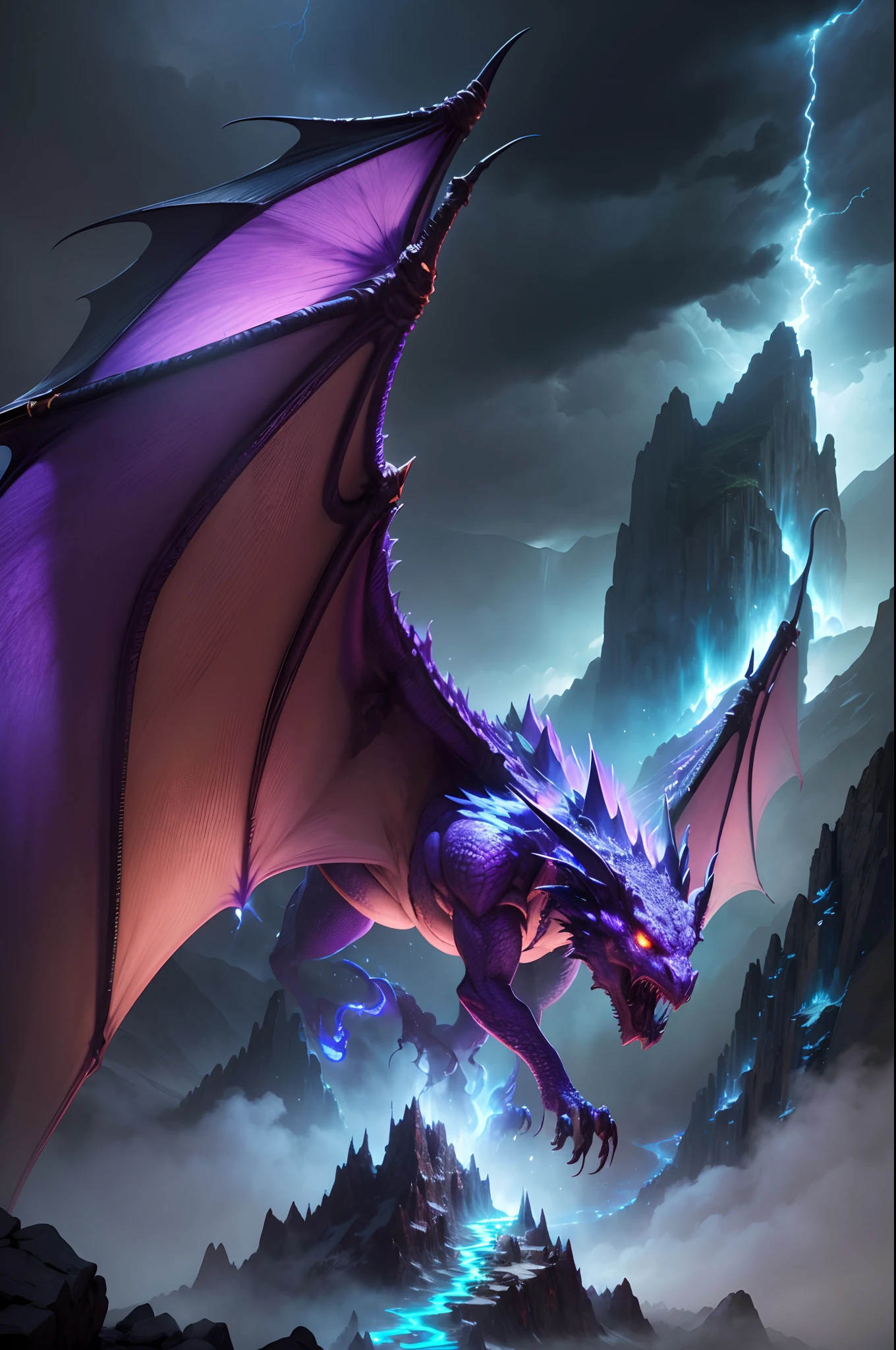 (best quality,highres:1.2),ultra-detailed,realistic:1.37,topaz dragon emerging from a towering mountain peaks in the midst of a powerful thunderstorm, illuminated by vibrant neon purple lights