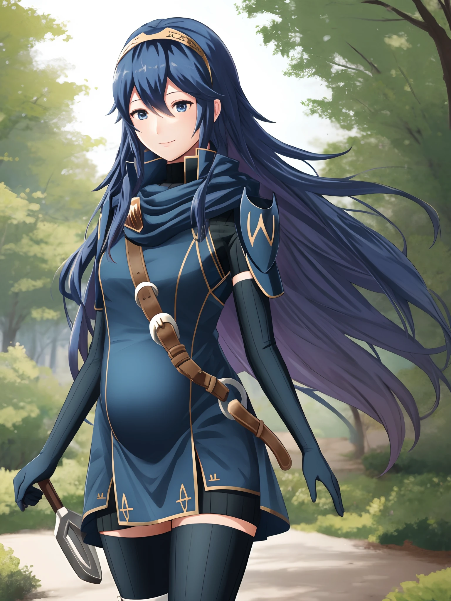 Lucina_echoes, 1girl, solo, looking at viewer, smile, long hair, pregnant, thighhighs, gloves, dress, elbow gloves, belt, armor, headband,short dress, nature, park, trees