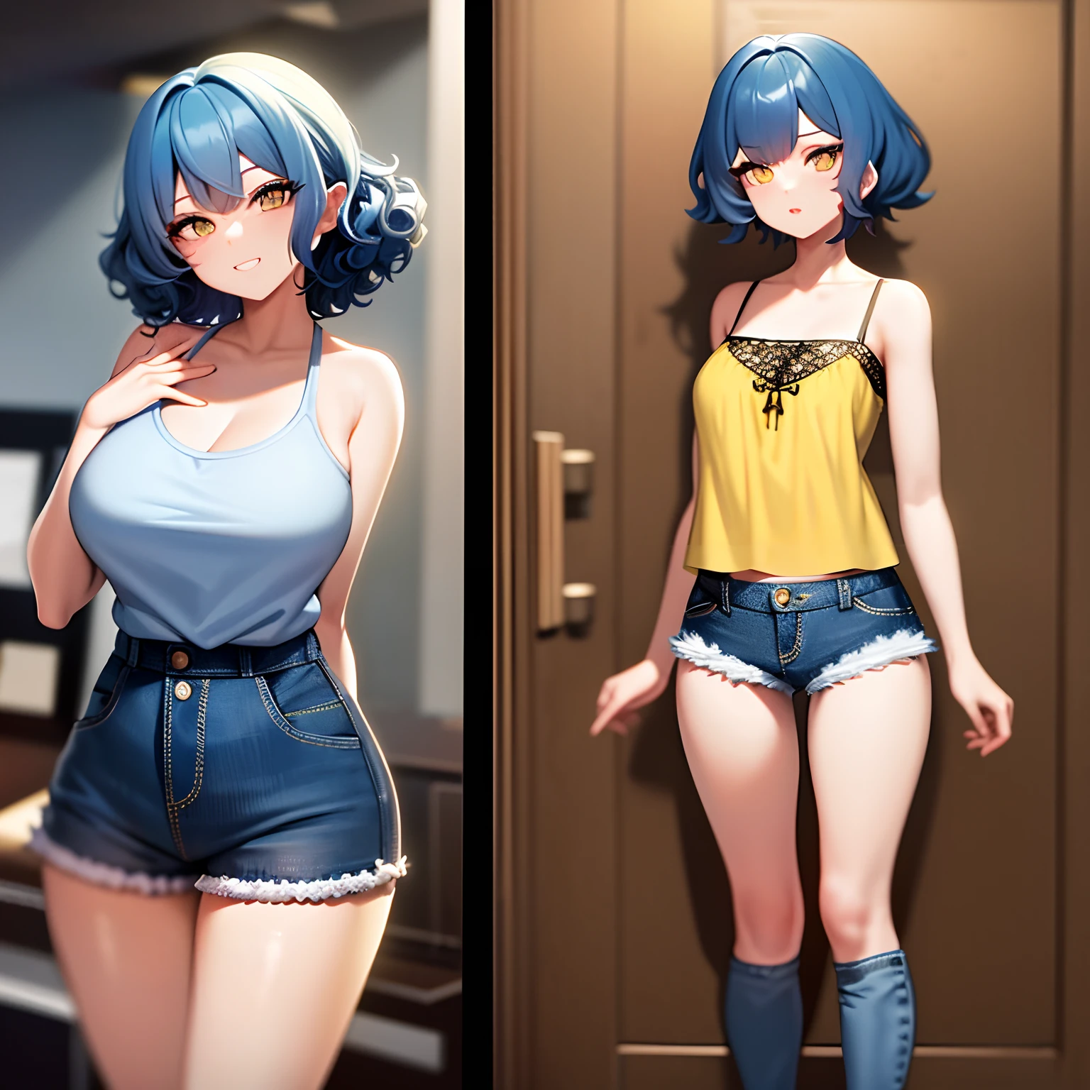 High quality,one-girl,blue hairs,curlies,short detailed hair,Yellow eyes,Sexy figure,huge tit,Short height,The top is a small camisole cro,Wear denim skinny shorts,A sexy pose