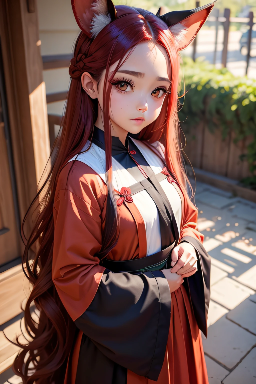 Vestimenta cruzada,Tsurime,olhos alaranjados,raposa_Ouvidos,Rabo de Raposa,vermelho_Hair,low-tied long hair,Hanfu,1st grade