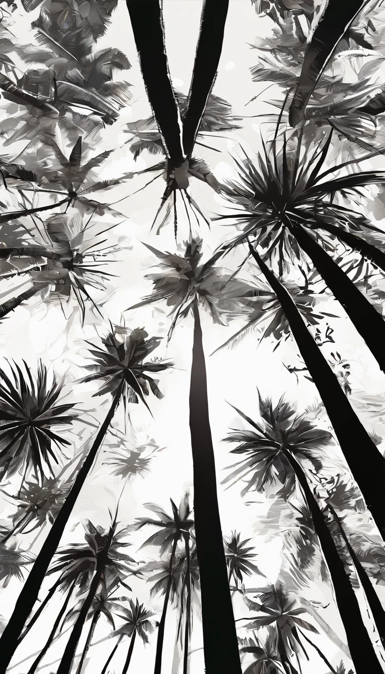 Black and white drawing of two coconut trees seen from below from below from a low angle
