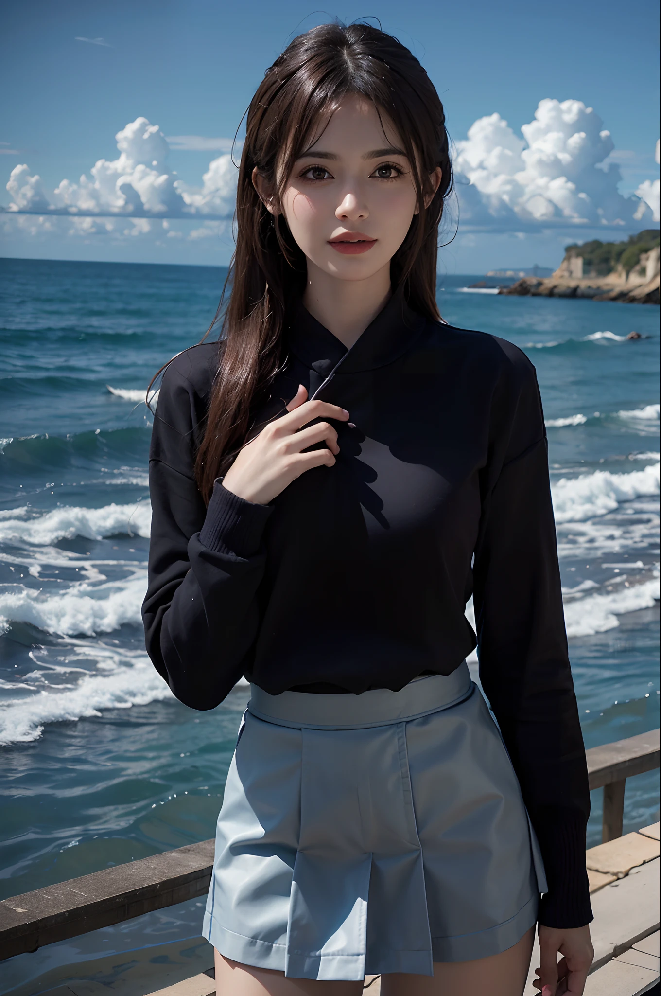 （Front focus），（Have by the sea：1.5）Have by the sea，Fantasyart，photographrealistic，动态照明，art  stations，poster for，Volumetriclighting，Very detailed faces，ssmile，Award-Awarded， 1girll, During the day, low tune, Cowboy shot, (short  skirt:1.4), long whitr hair, whaite hair，full bodyesbian