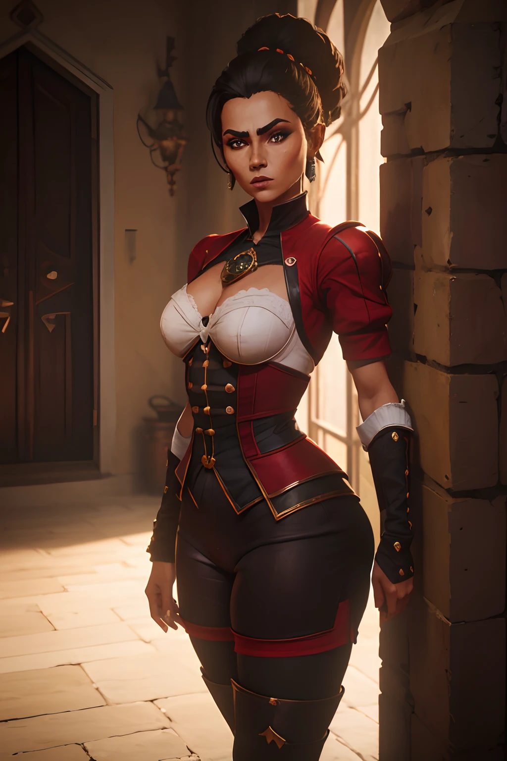 (Personagem original,8k, master part, best quality,circunstanciado, belos olhos detalhados, sozinho),Mature female,alto, Pele fina,clivagem,corar,cowboy shot,olhos negros,Esclera Negra,Cabelos verdes claros,Cabelos Longos,(cabelo 2antenas),Standing one room in the castle,((armadura vermelha)),folded arms,Black pantyhose, cara de raiva,