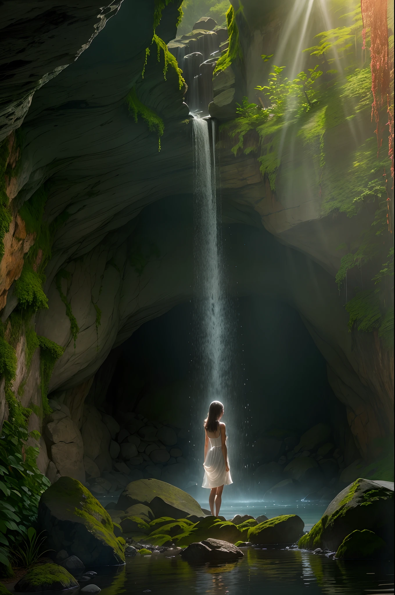 An enchanting photograph of a "Waterfall Shower Girl Cave" in the early morning mist. The cave is carved into a rocky cliff, and the waterfall gracefully descends, creating a curtain of crystal-clear water. The girl within the cave stands under the shower, her silhouette visible through the water's flow, surrounded by the ethereal glow of dawn.