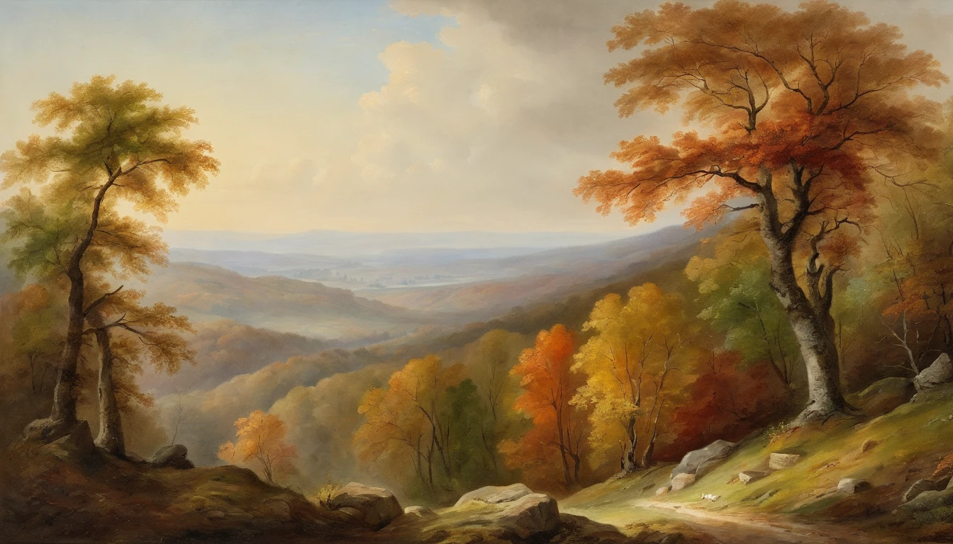 autumn woodland scene overlooking hills, trees at the side of the shot, looking through trees onto valley, Asher Brown Durand, Camille Pissarro style --no frames, canvas