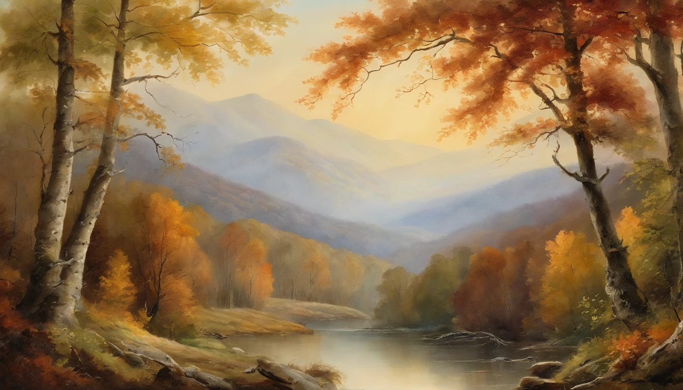 autumn woodland scene overlooking hills, trees at the side of the shot, looking through trees onto valley, Asher Brown Durand, Camille Pissarro style --no frames, canvas