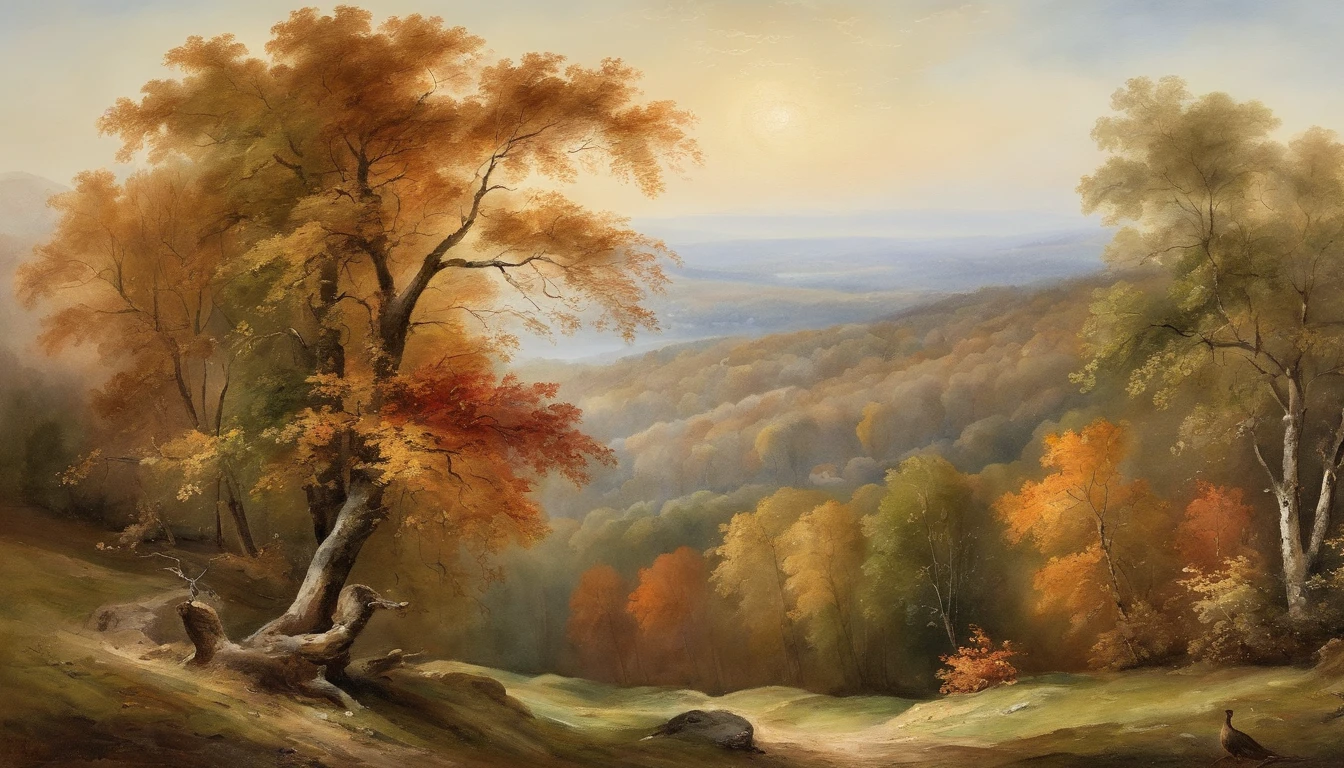 autumn woodland scene overlooking hills, trees at the side of the shot, looking through trees onto valley, Asher Brown Durand, Camille Pissarro style --no frames, canvas