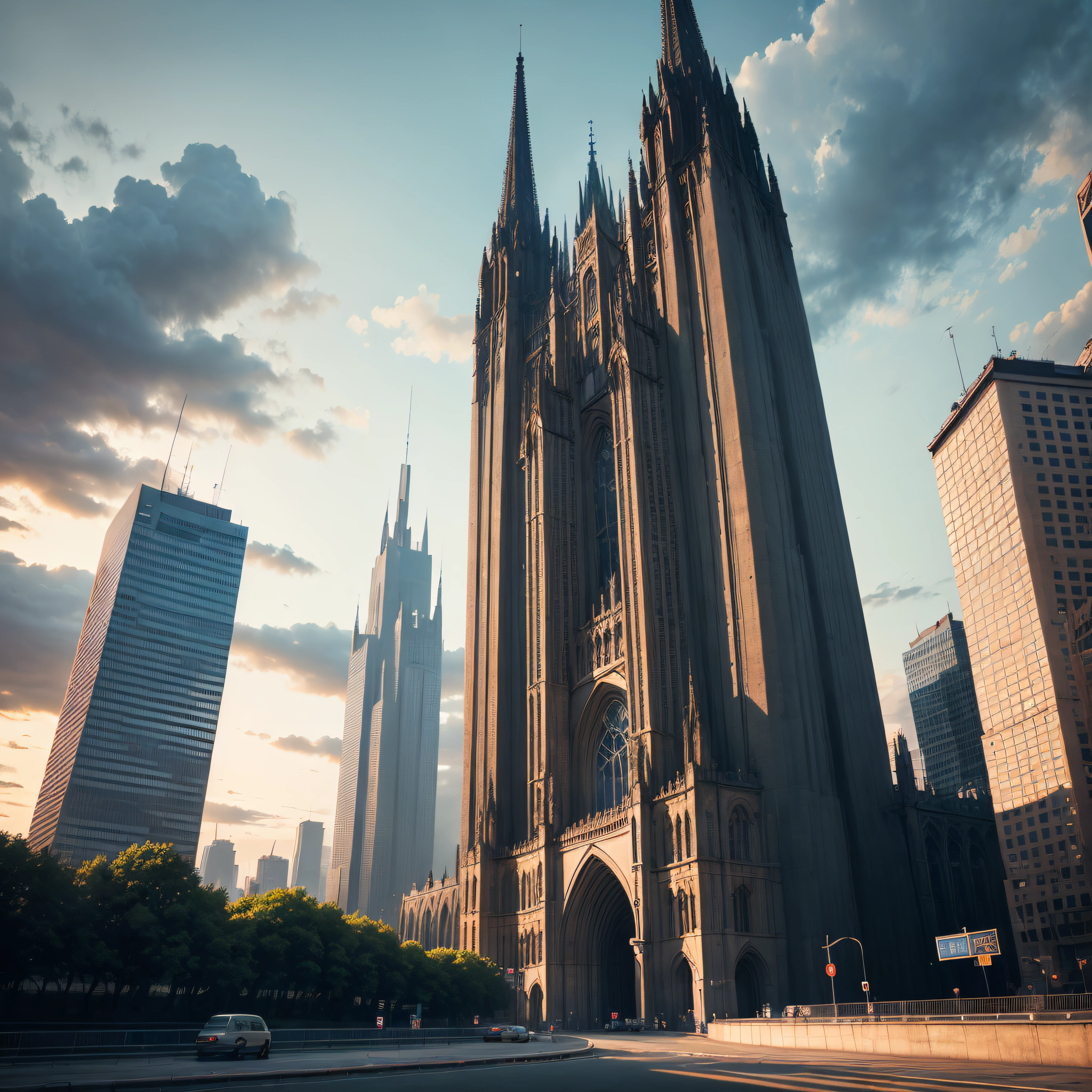 Neo-Gothic Metropolis, Tall neo-Gothic skyscrapers, High-rise neo-Gothic spires, Transport neo-Gothic multi-level highways, Neo-Gothic style of architecture, evening time, thick dark blue clouds.