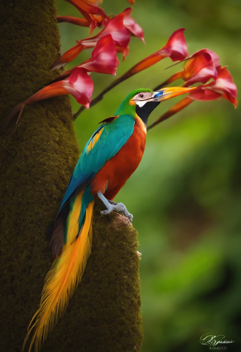 (best quality,4k,8k,alto,master part:1.2),ultra-detalhado,(Realistic,fotorrealista,photo-realistic:1.37),vivid colors,clear lighting,Bird of Paradise, bird, passarinho, Ave, penas coloridas,beleza deslumbrante,muitas cores,detalhes requintados,habitat natural,plumagem colorida,lindamente vibrante,Surprisingly vivid,unique patterns,Artistic portrait,feather patterns that blend perfectly,translucent wings,dinamic poses,movimentos graciosos,flutuando graciosamente pelo ar,folhagem verde exuberante,flores coloridas em flor,scenic background,Atmosfera harmoniosa,ambiente sereno,A charming spectacle,mesmerizing vision,breathtaking images,beleza inspiradora,Obra-prima transcendente,Artistic interpretation of nature.