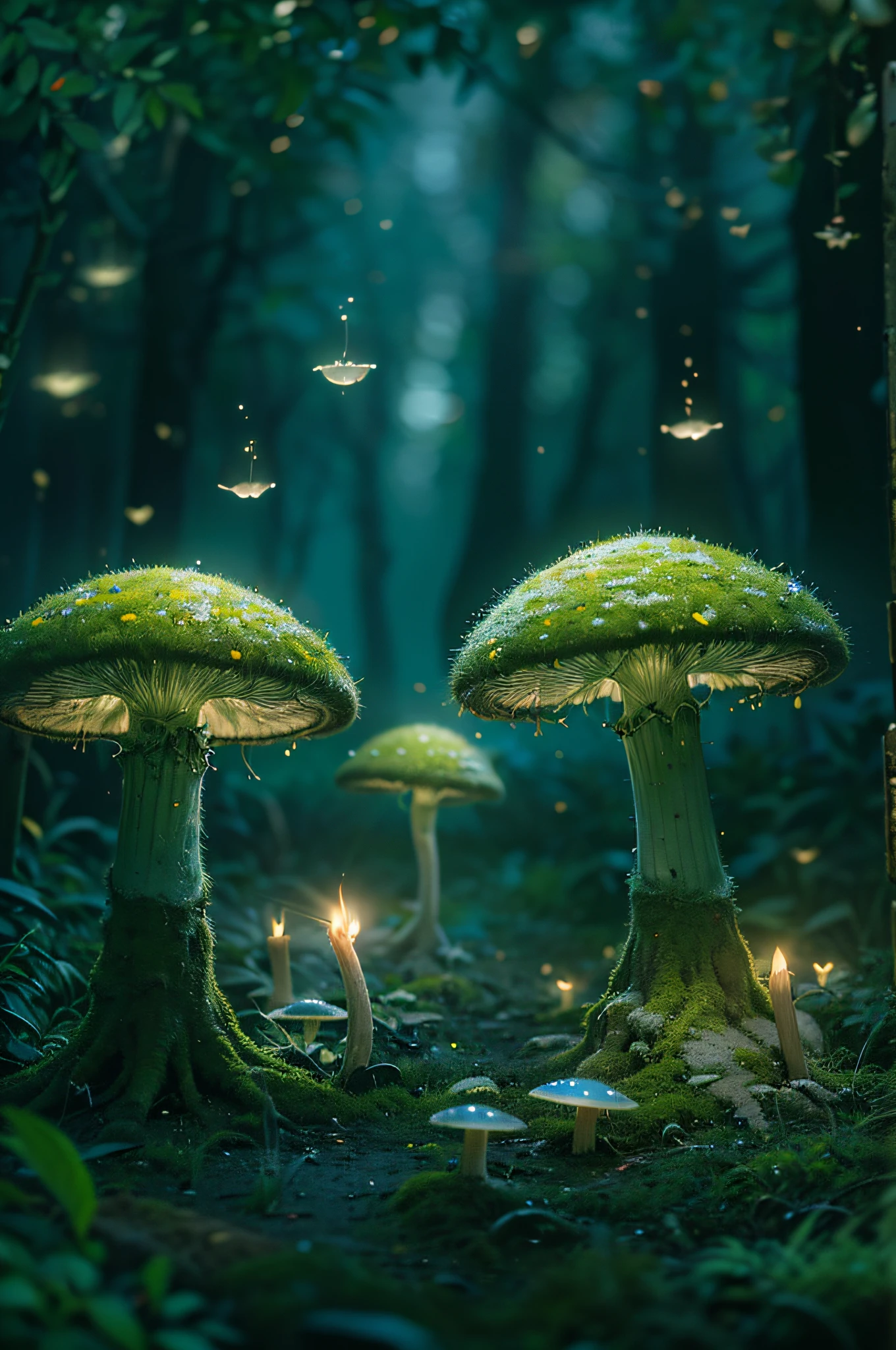 A group of mushrooms sitting on top of a lush green forest - SeaArt AI