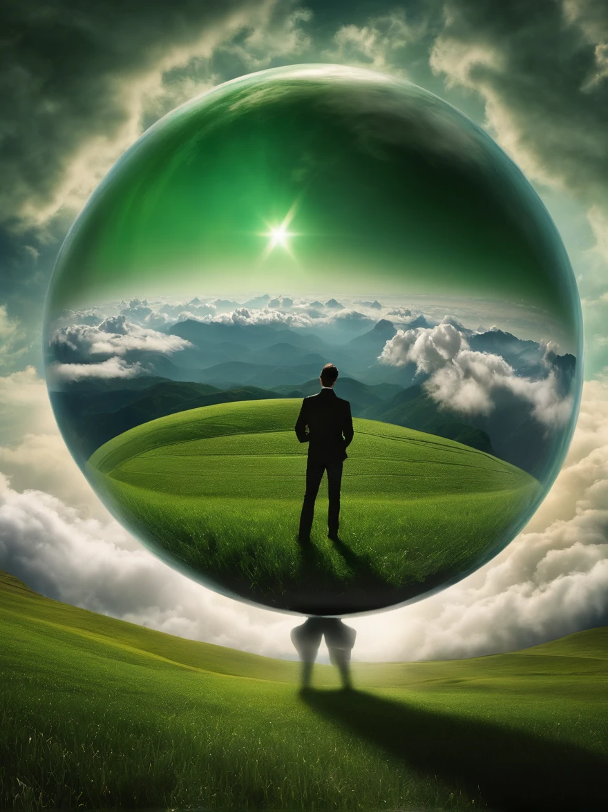 A giant mirrored sphere floating in space, luzes cintilantes, sky sky sky, Higher dimensions of space, Man looking into space (sky like green fields surrounded by high mountains and clouds, realista:1.3), particles in the air, raios de deus, estrelas ao fundo, fractais intrincados, detalhados, (插圖), obra-prima, alta resolução, melhor qualidade.