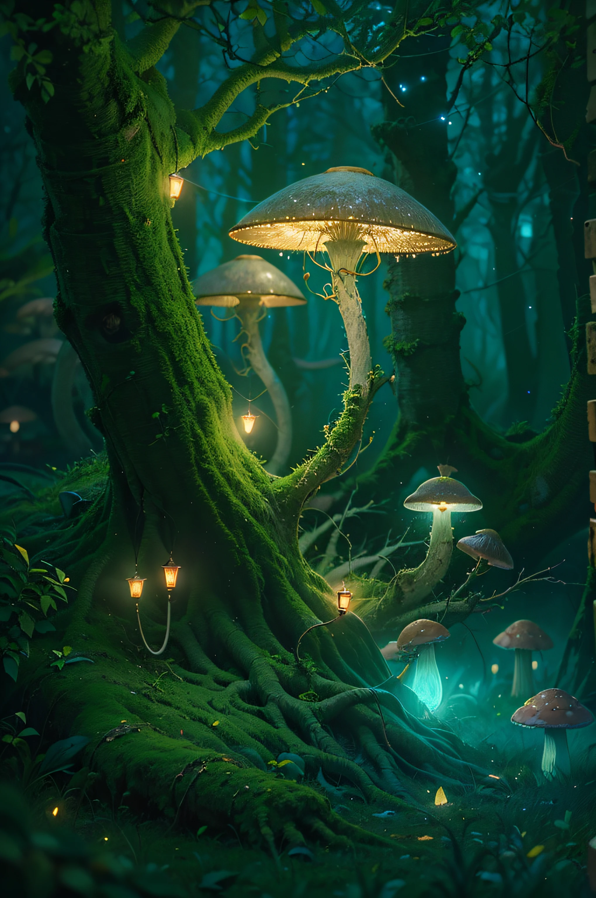 A close up of a tree with mushrooms and lights in the forest - SeaArt AI