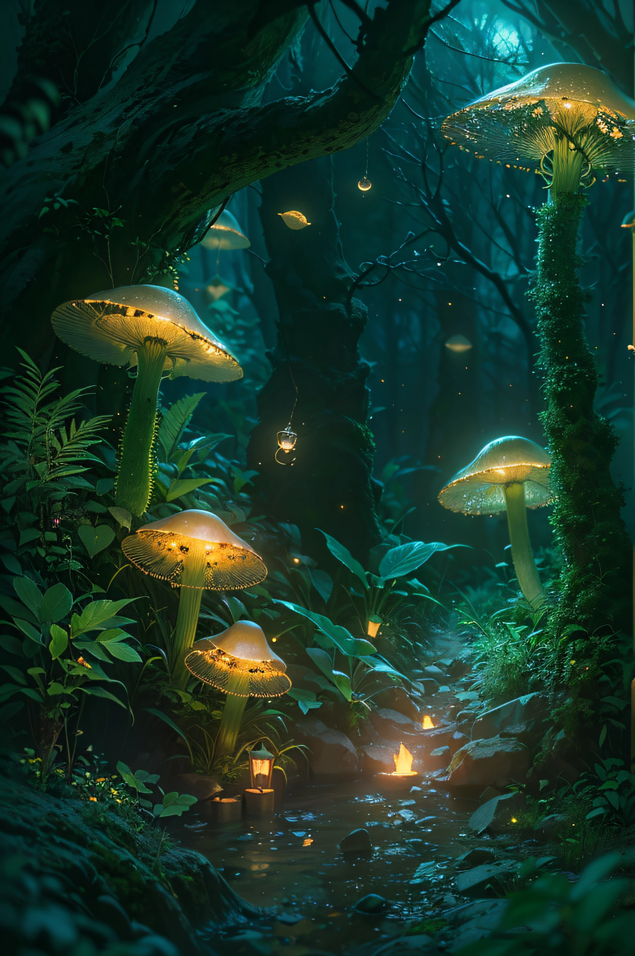 (best quality,4k,8k,highres,masterpiece:1.2),ultra-detailed,(realistic,photorealistic,photo-realistic:1.37),soft lighting, ethereal colors, (faery 1.5), mystical forest, enchanting scene, glowing fireflies, whimsical mushrooms, mysterious atmosphere, magical beings, captivating setting, dreamlike quality, forest creatures, sparkling lights