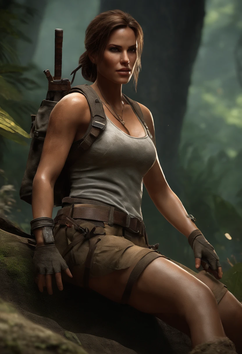 35mm film photography, a detailed illustration of Lara Croft, in a 3D rendered style, torn shirt, ripped short shorts, muddy dirty, blood on her body and clothes, muddy face, she sitting at a campsite, with her signature dual pistols, fierce determination, lean body, medium breasts, detailed eyes:1.3,smile:1, freckles:1.1, skin pores:1.1, look at viewer:1.2, high quality face:1.1, high detailed face skin:1.1, realistic iris:1.1, realistic pupils:1.3, realistic lighting:1.1, cleavage, with realistic lighting and shadows, high contrast colors and dramatic lighting, sharp focus, physically-based rendering, ultra-detailed, professional, hdr color grading, evocative atmosphere, action-packed, realistic, tomb raider, exploration, secrets, treasure hunting, archaeology, underground chambers, dynamic camera angles, immerse,cinematic, exciting moments, gritty and realistic textures, mysterious and ancient temples, stealthy movement, Raw 16k ultra HD, high detail, vibrant color palette, cinematic angle composition, 50mm, studio lighting, copy background, professional grading, advertising