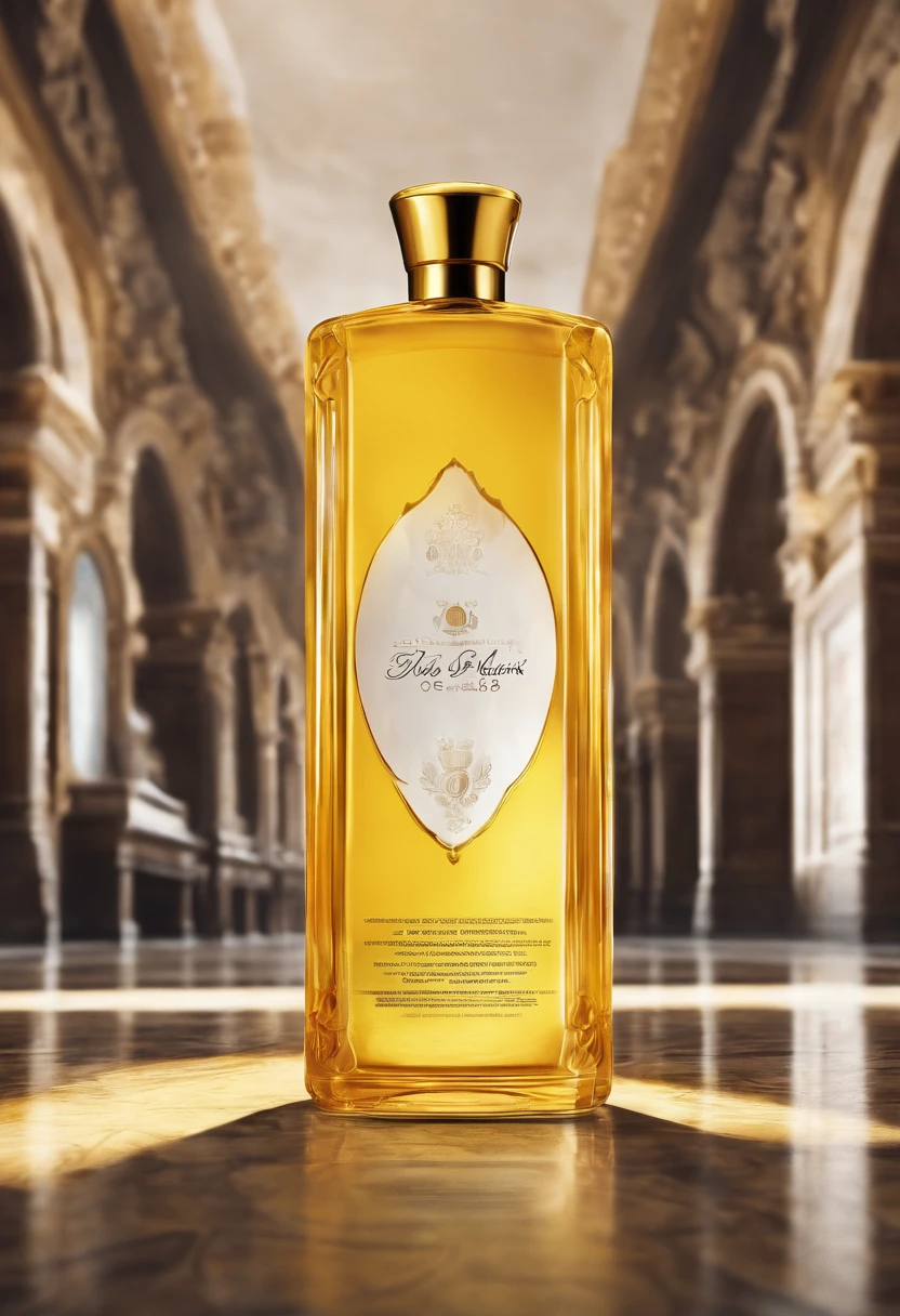 realistic photography, advertising, product, yellow round perfume bottle, on the floor of the long corridor of the royal castle, volumetric, cinematic, high details, contrast, color grading, sharpness, depth effect, 35mm, iso 100