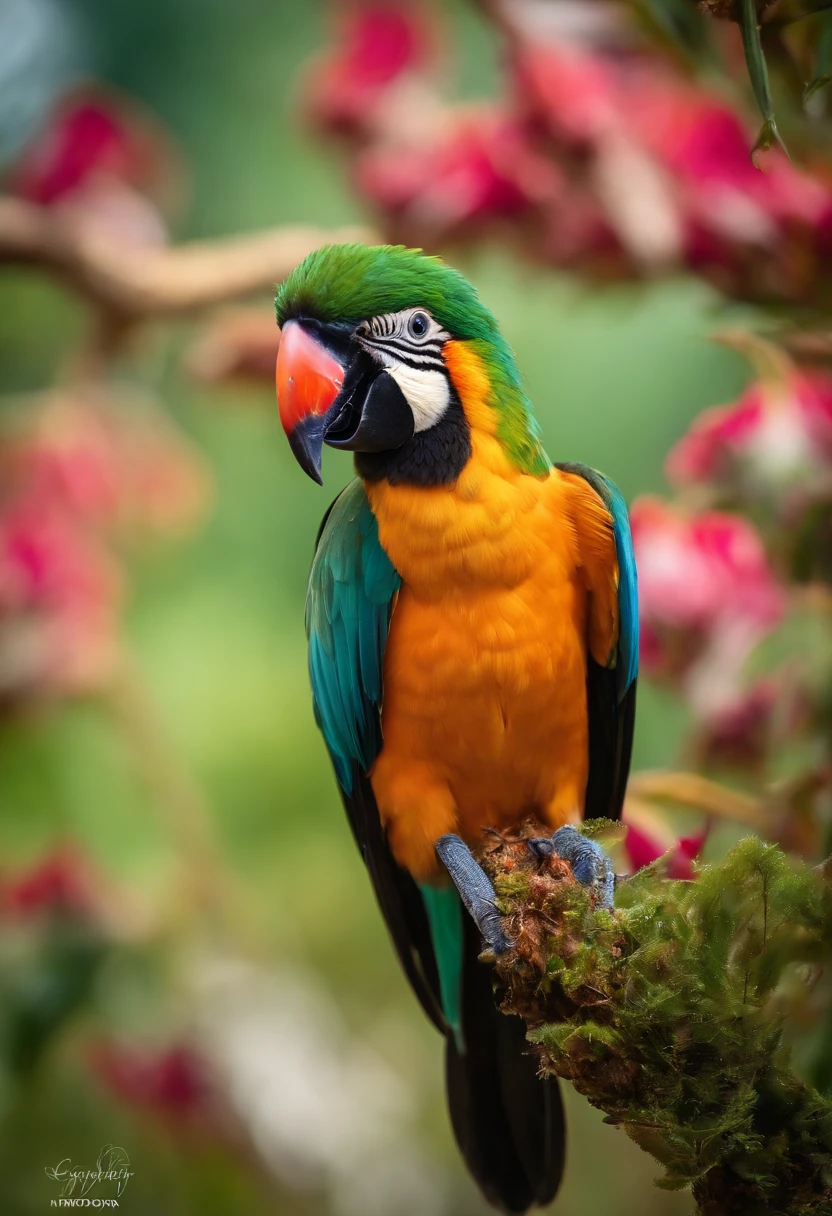 (best quality,4k,8k,alto,master part:1.2),ultra-detalhado,(Realistic,fotorrealista,photo-realistic:1.37),vivid colors,clear lighting,Bird of Paradise, bird, passarinho, Ave, penas coloridas,beleza deslumbrante,muitas cores,detalhes requintados,habitat natural,plumagem colorida,lindamente vibrante,Surprisingly vivid,unique patterns,Artistic portrait,feather patterns that blend perfectly,translucent wings,dinamic poses,movimentos graciosos,flutuando graciosamente pelo ar,folhagem verde exuberante,flores coloridas em flor,scenic background,Atmosfera harmoniosa,ambiente sereno,A charming spectacle,mesmerizing vision,breathtaking images,beleza inspiradora,Obra-prima transcendente,Artistic interpretation of nature.