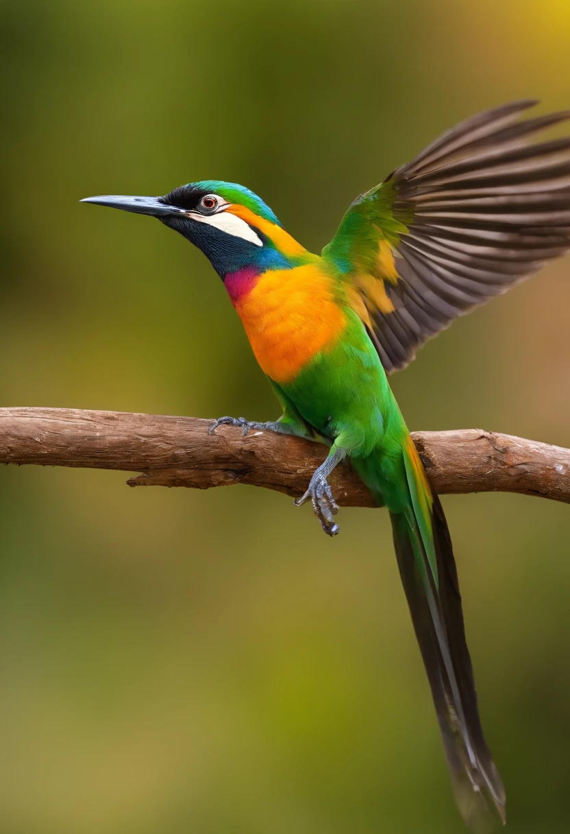 (best quality,4k,8k,alto,master part:1.2),ultra-detalhado,(Realistic,fotorrealista,photo-realistic:1.37),vivid colors,clear lighting,Bird of Paradise, bird, passarinho, Ave, penas coloridas,beleza deslumbrante,muitas cores,detalhes requintados,habitat natural,plumagem colorida,lindamente vibrante,Surprisingly vivid,unique patterns,Artistic portrait,feather patterns that blend perfectly,translucent wings,dinamic poses,movimentos graciosos,flutuando graciosamente pelo ar,folhagem verde exuberante,flores coloridas em flor,scenic background,Atmosfera harmoniosa,ambiente sereno,A charming spectacle,mesmerizing vision,breathtaking images,beleza inspiradora,Obra-prima transcendente,Artistic interpretation of nature.