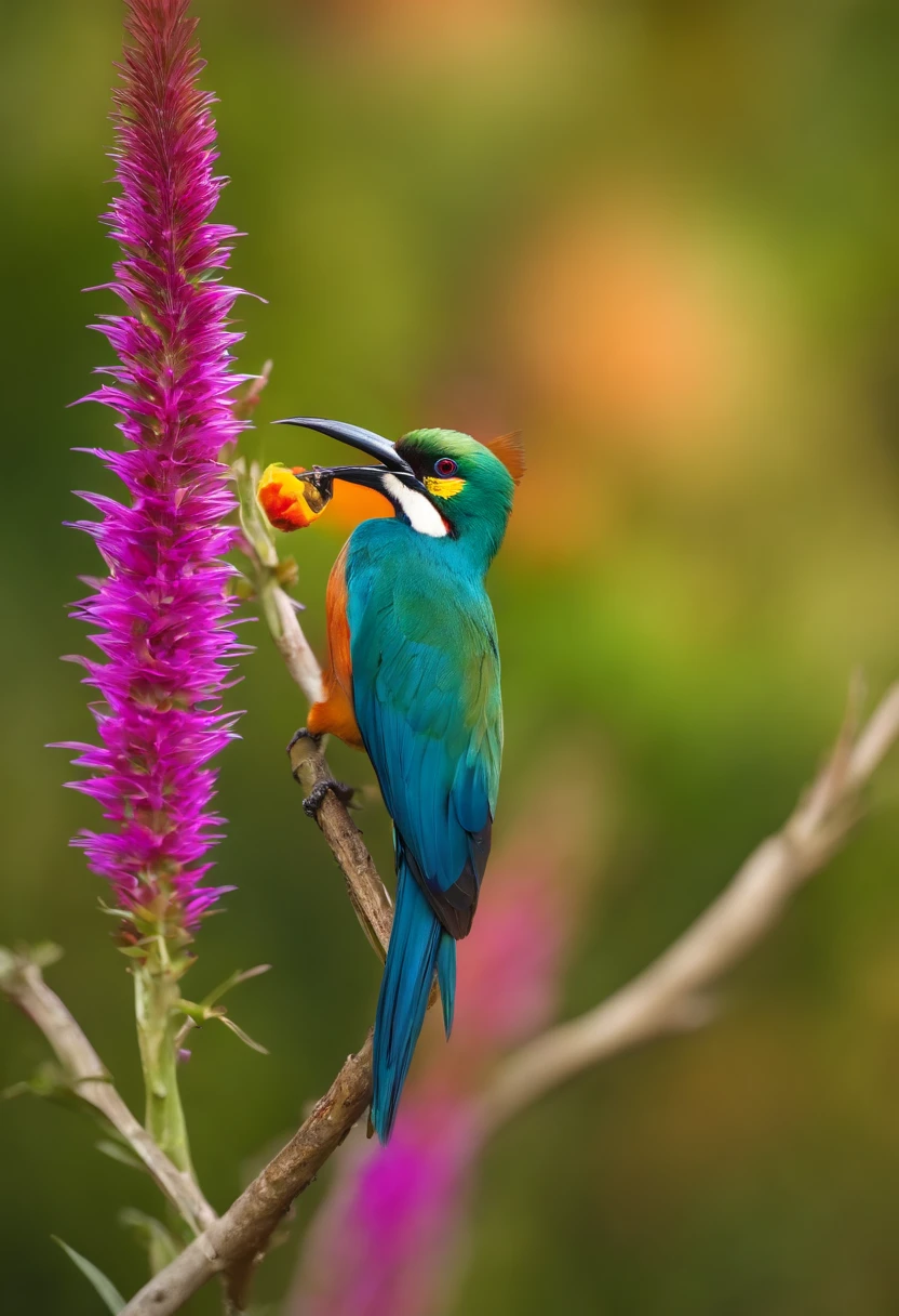 (best quality,4k,8k,alto,master part:1.2),ultra-detalhado,(Realistic,fotorrealista,photo-realistic:1.37),vivid colors,clear lighting,Bird of Paradise, bird, passarinho, Ave, penas coloridas,beleza deslumbrante,muitas cores,detalhes requintados,habitat natural,plumagem colorida,lindamente vibrante,Surprisingly vivid,unique patterns,Artistic portrait,feather patterns that blend perfectly,translucent wings,dinamic poses,movimentos graciosos,flutuando graciosamente pelo ar,folhagem verde exuberante,flores coloridas em flor,scenic background,Atmosfera harmoniosa,ambiente sereno,A charming spectacle,mesmerizing vision,breathtaking images,beleza inspiradora,Obra-prima transcendente,Artistic interpretation of nature.