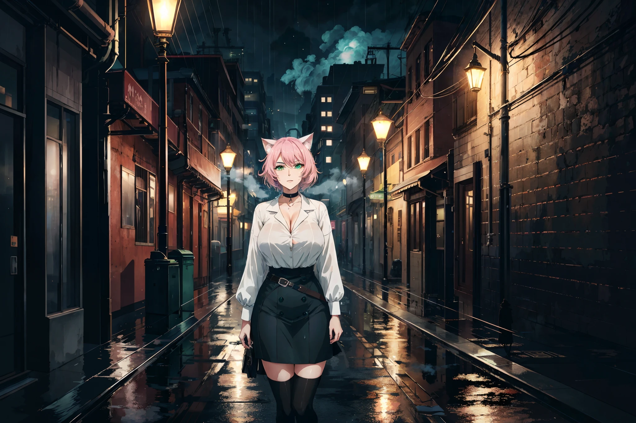 ((mature adult tall woman, mature_face)), (glowing green eyes), aqua cat ears, (super narrow waist), gradient (pink hair), large breasts, large areolae, (oily skin) , industrial city, surround by wall, steampunk. there is inn, residental area, ((airships)) in the sky, city gate, rusty and heavy, smoke, chimney, factories, gears, machinery, tall buildings, towers, steam power, steam pipes, streetlights, (bird-eye view), (night time, starry sky), (hard rain), (crossroad), (cinematic lighting:0.8, super detail, bloom), whore, skirt, shirt, stockings, choker, makeup, dynamic pose