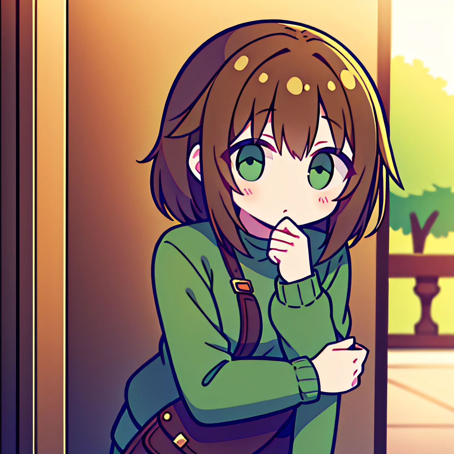 Cute lady with green sweater and brown hair