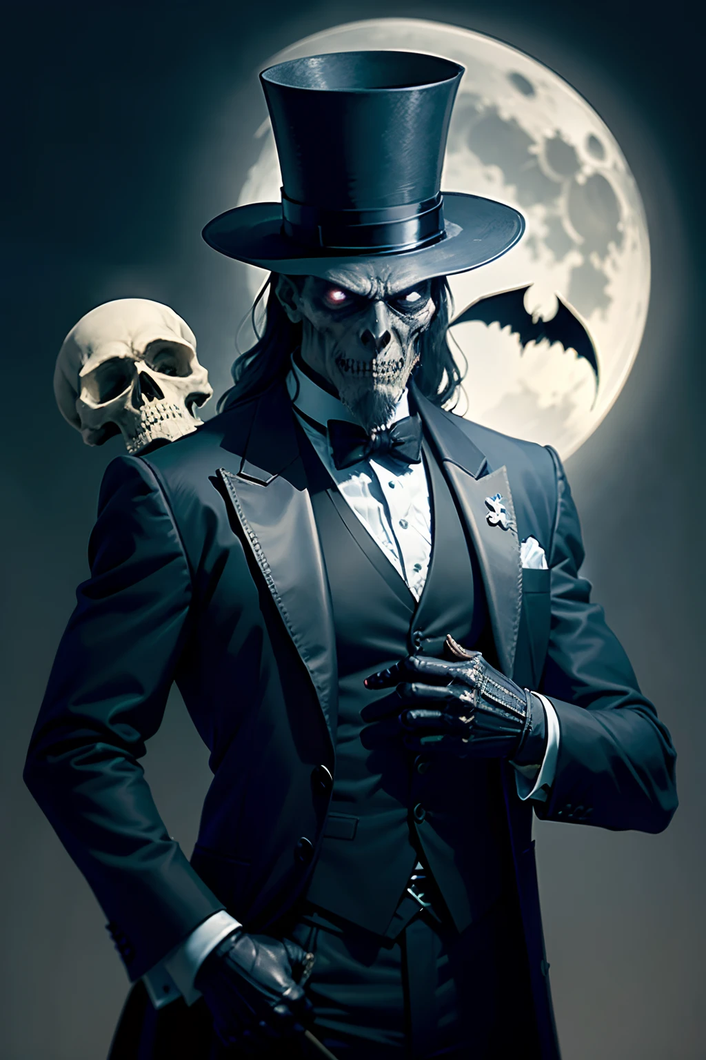 A scary looking man who is a creepy undertaker with a skull for a head, wearing a tuxedo and top hat, holding a shovel, background is a full moon and bats, mood is morbid, shadowy, dreadful, gloomy, haunting, dark stormy sky, dramatic lighting, character design.